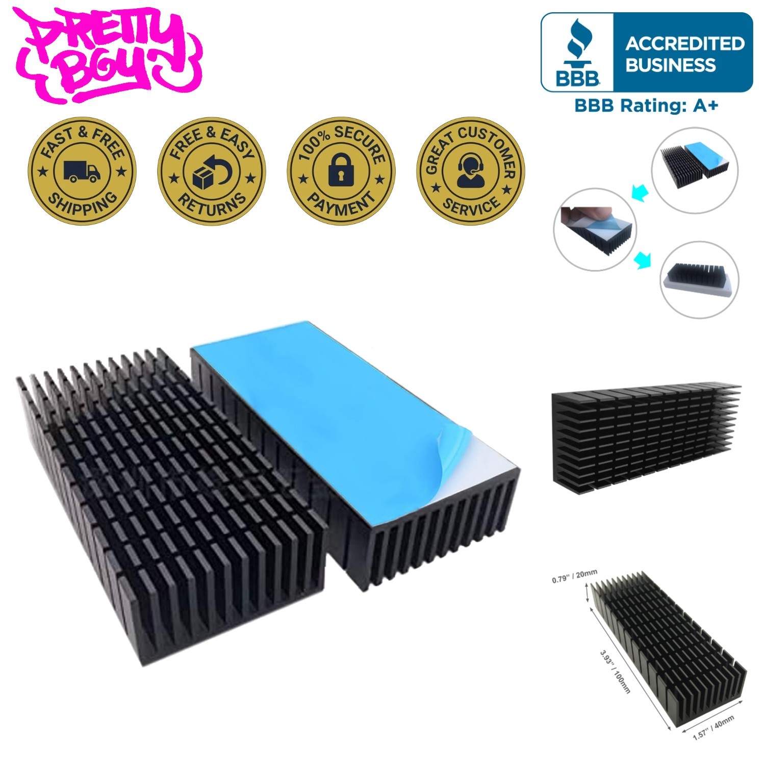 2pcs 40mm Anodized Aluminum Heatsink Kit with Thermal Adhesive for Cooling