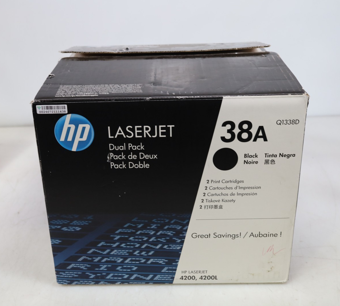 Genuine HP 38A Black Toner Cartridges Dual Pack Q1338D New Open Box