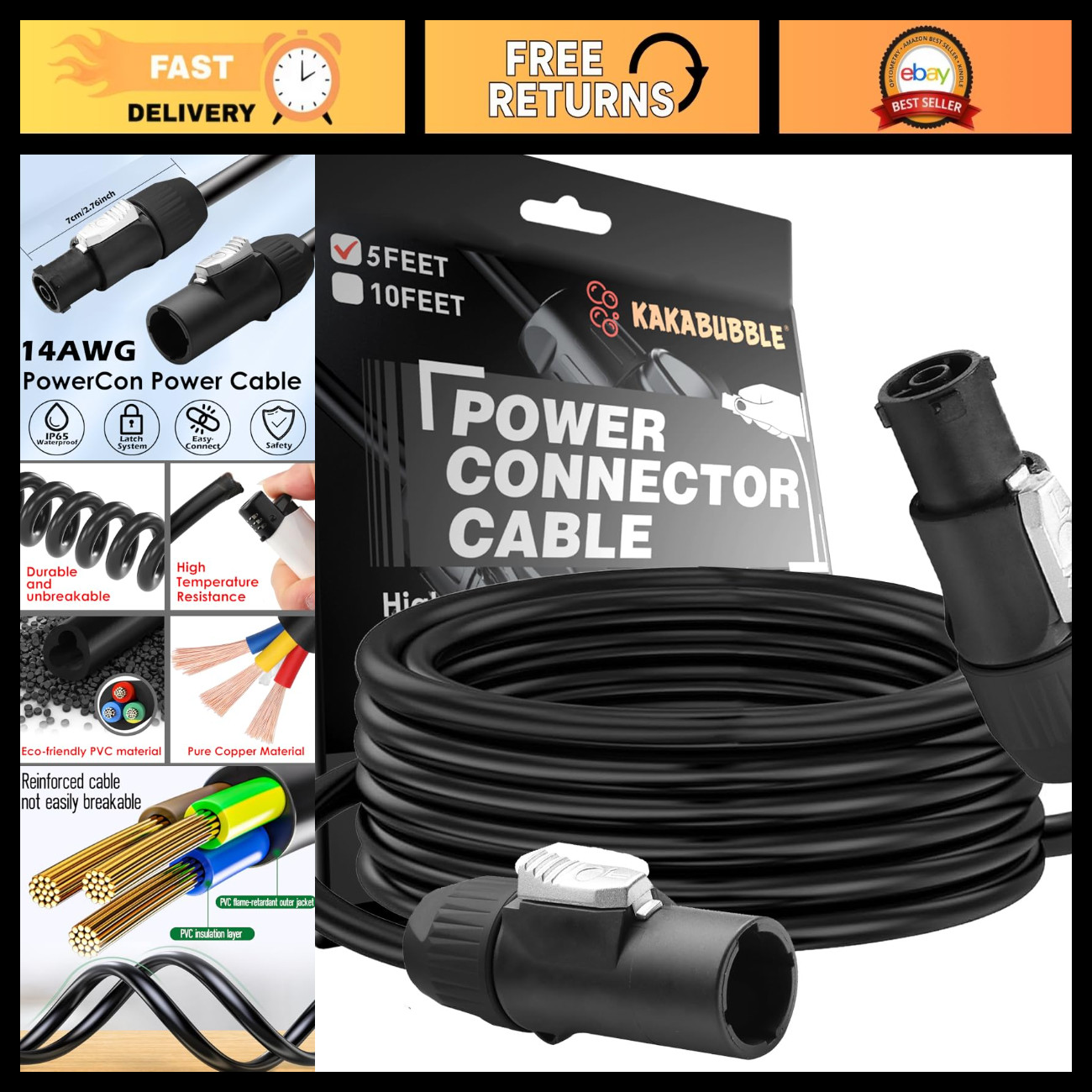 14 AWG Waterproof Power Cable - AC PowerCon Male to Female, 3-Pin Extension for