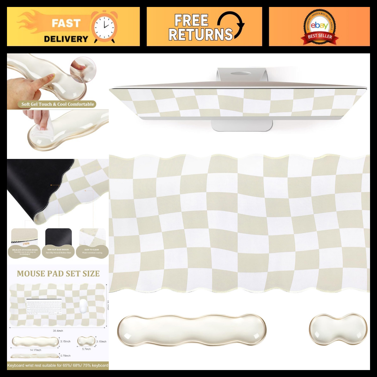 Beige Checkered Mouse Pad Set - Scalloped XXL Desk Mat for Gaming & Office Use