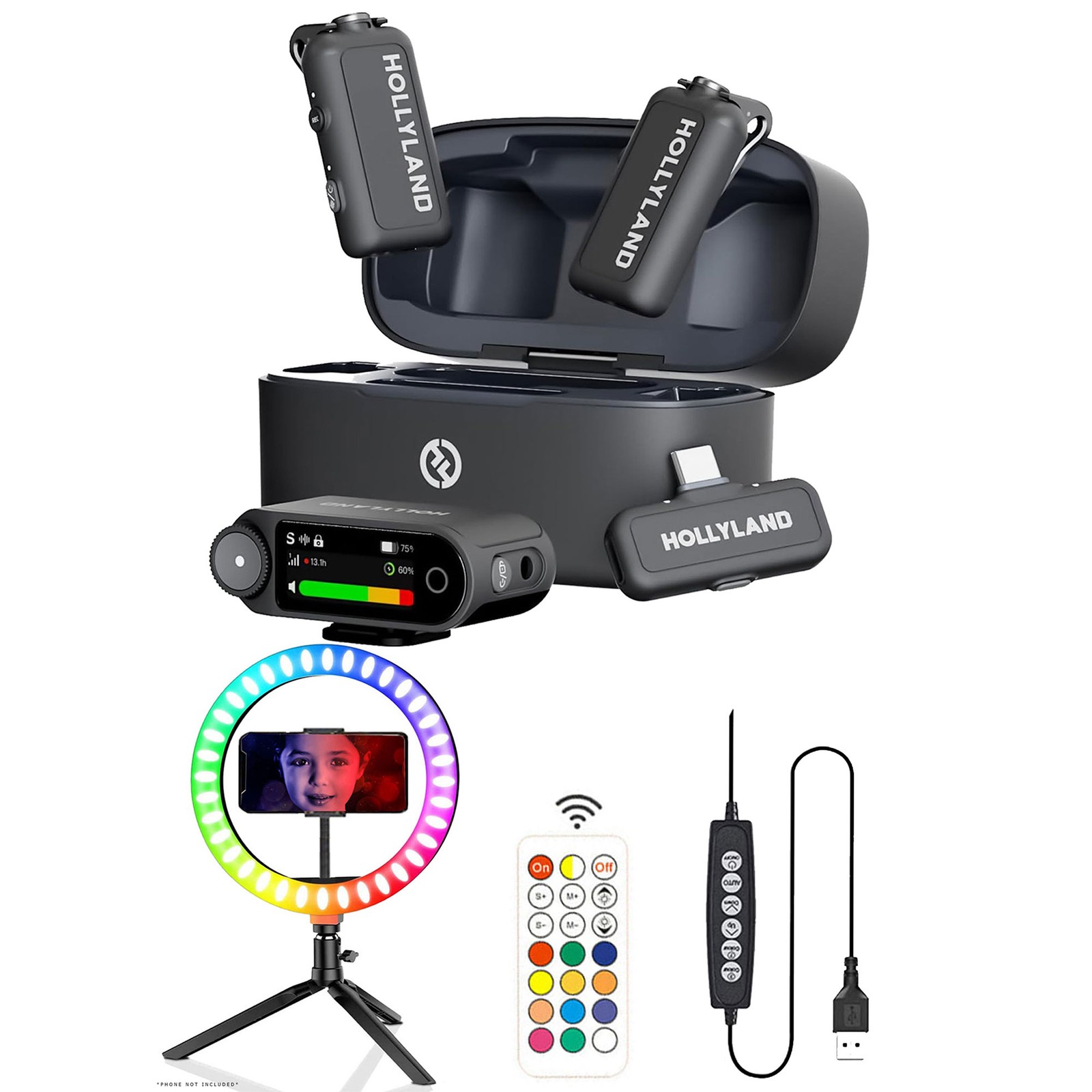 Hollyland LARK MAX 2 Wireless Mic Cameras & Mobile + 10" RGB Ring Light & Tripod