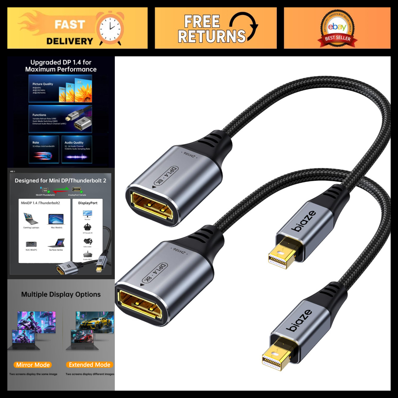 8K Mini DisplayPort to DisplayPort 1.4 Adapter - 2 Pack, High-Speed Video Cable