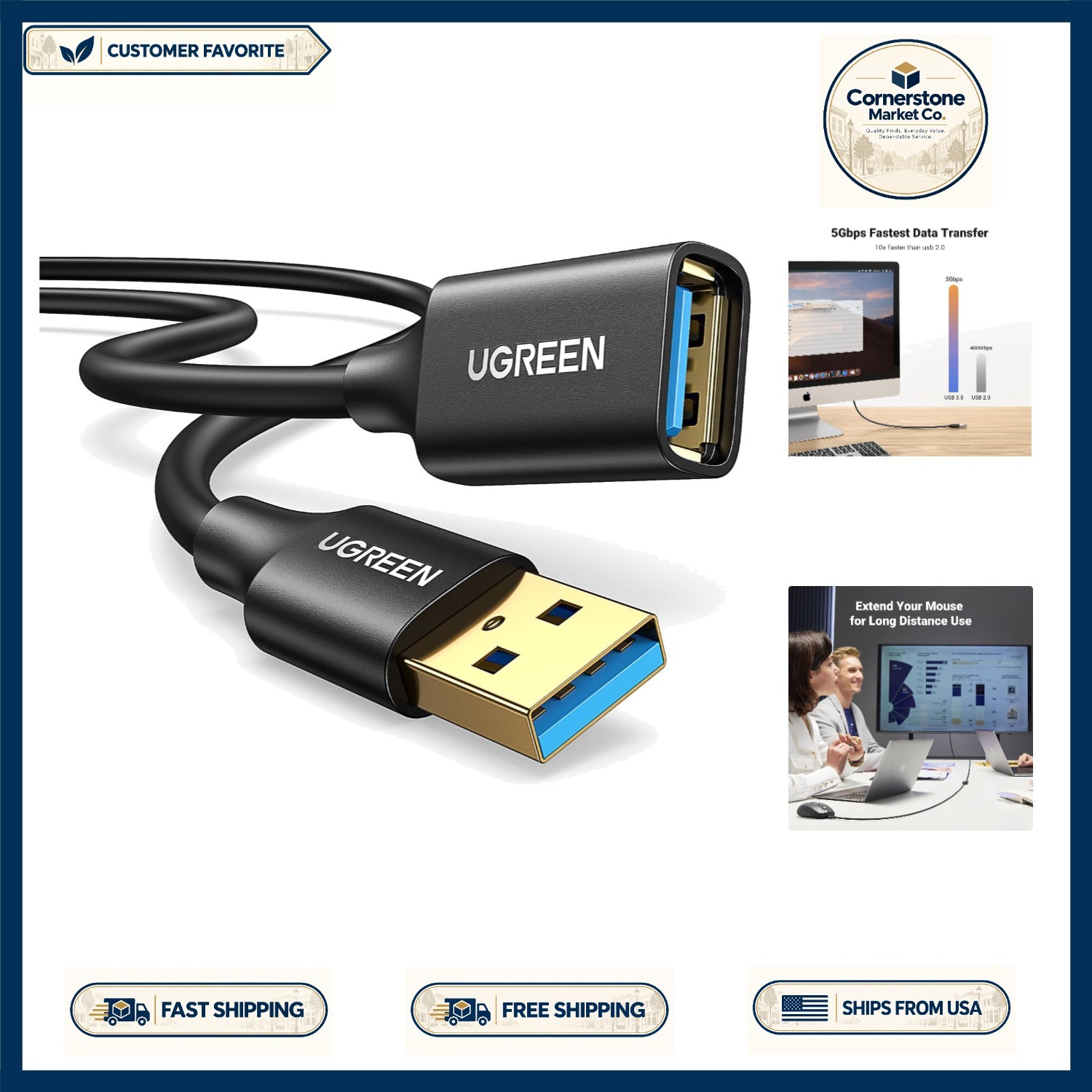 Versatile 3FT USB 3.0 Extension Cable - Gold-Plated for Fast Data Transfer