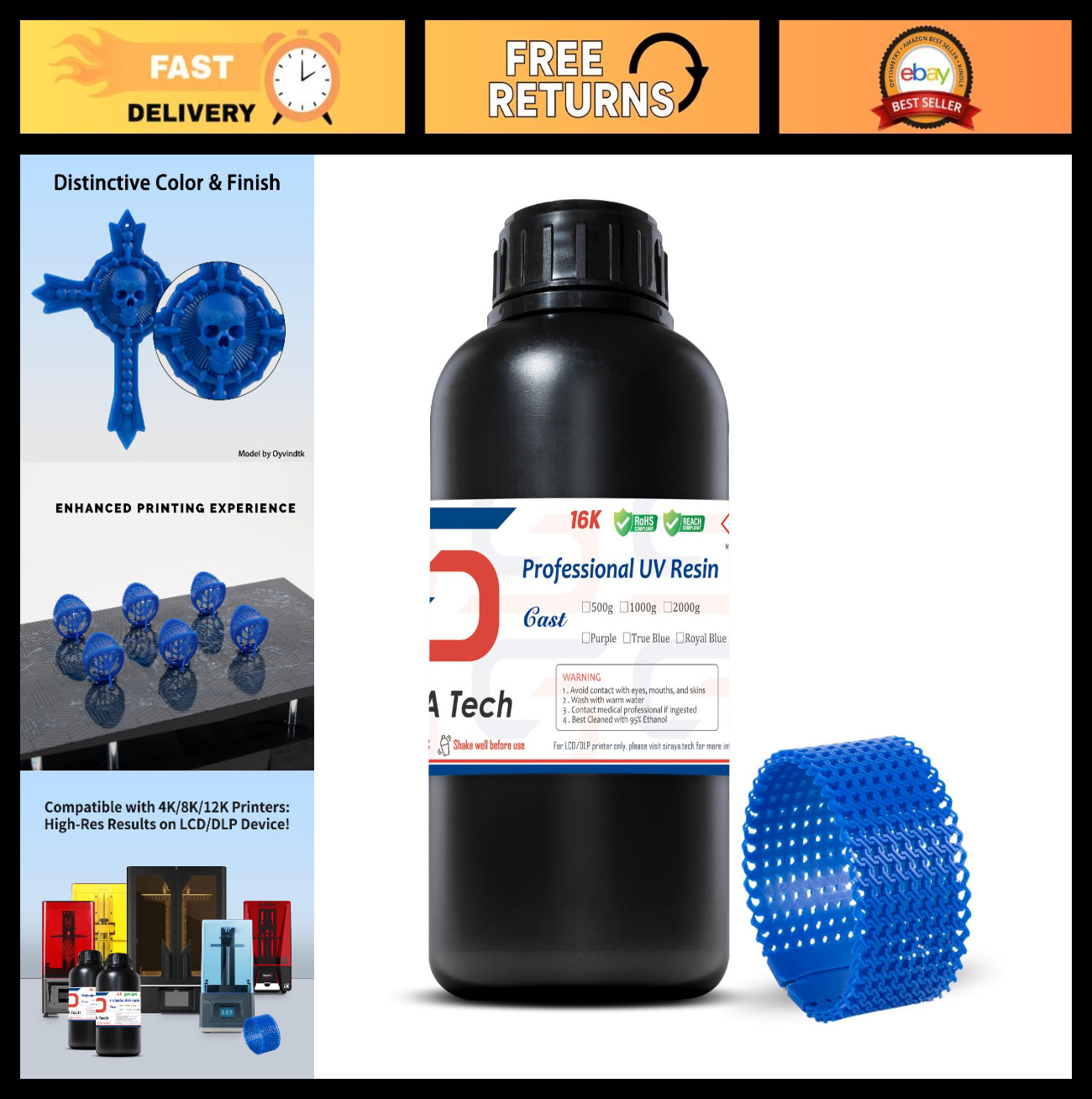 Castable 3D Printer Resin for Jewelry Making - Royal Blue, 1kg, High Precision