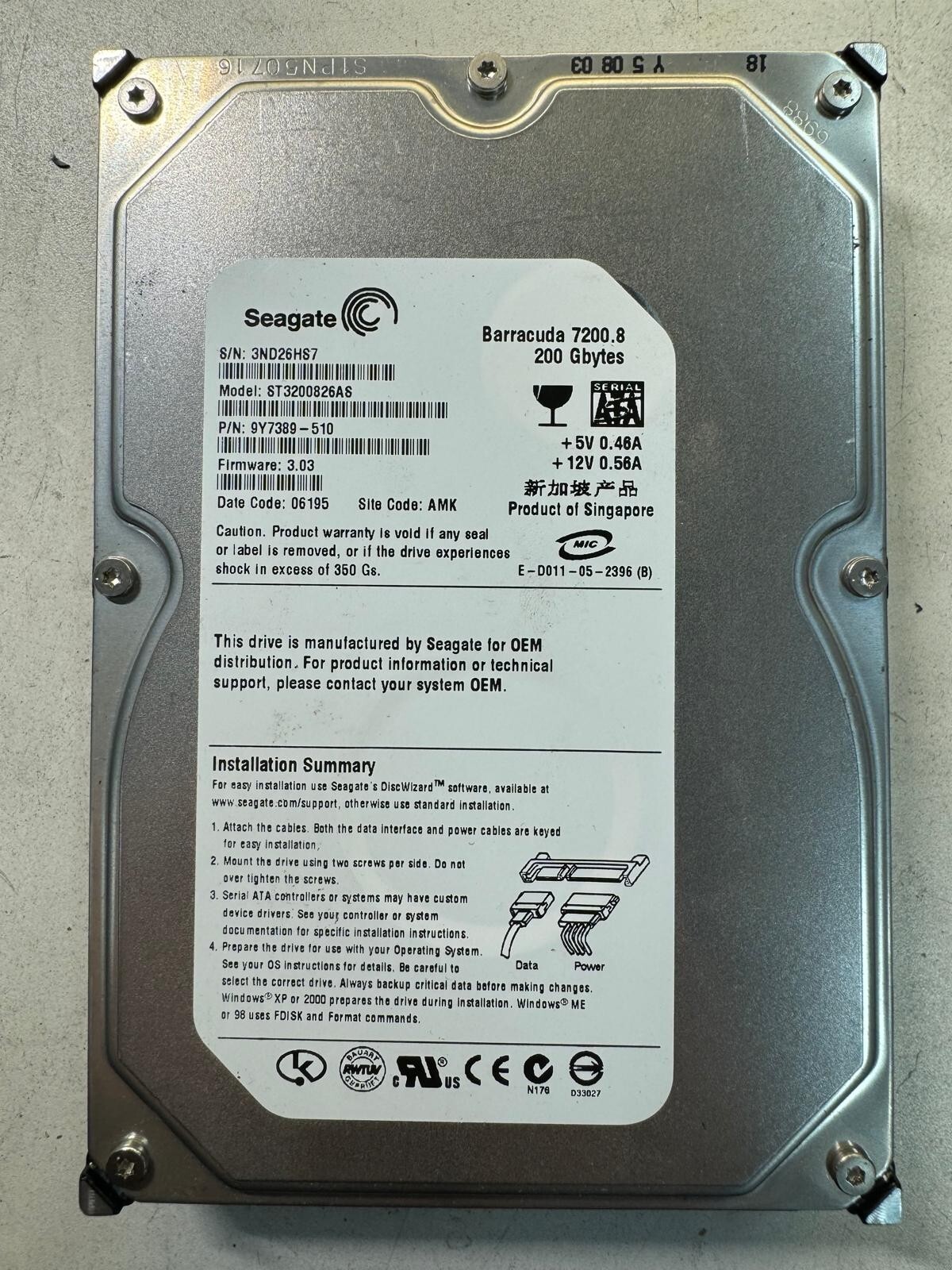 SEAGATE ST3200826AS 9Y7389-510 200GB Firmware 3.03 Date Code 06195 SATA 3.5" HDD