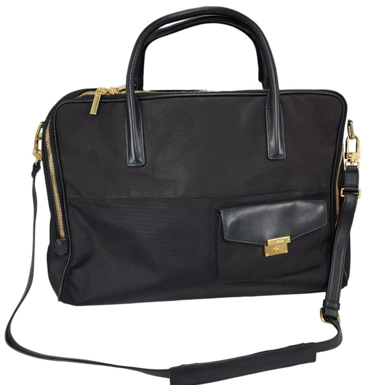 TUMI Larkin Marin Leather Nylon Double Zip Brief Crossbody Strap Shoulder Bag