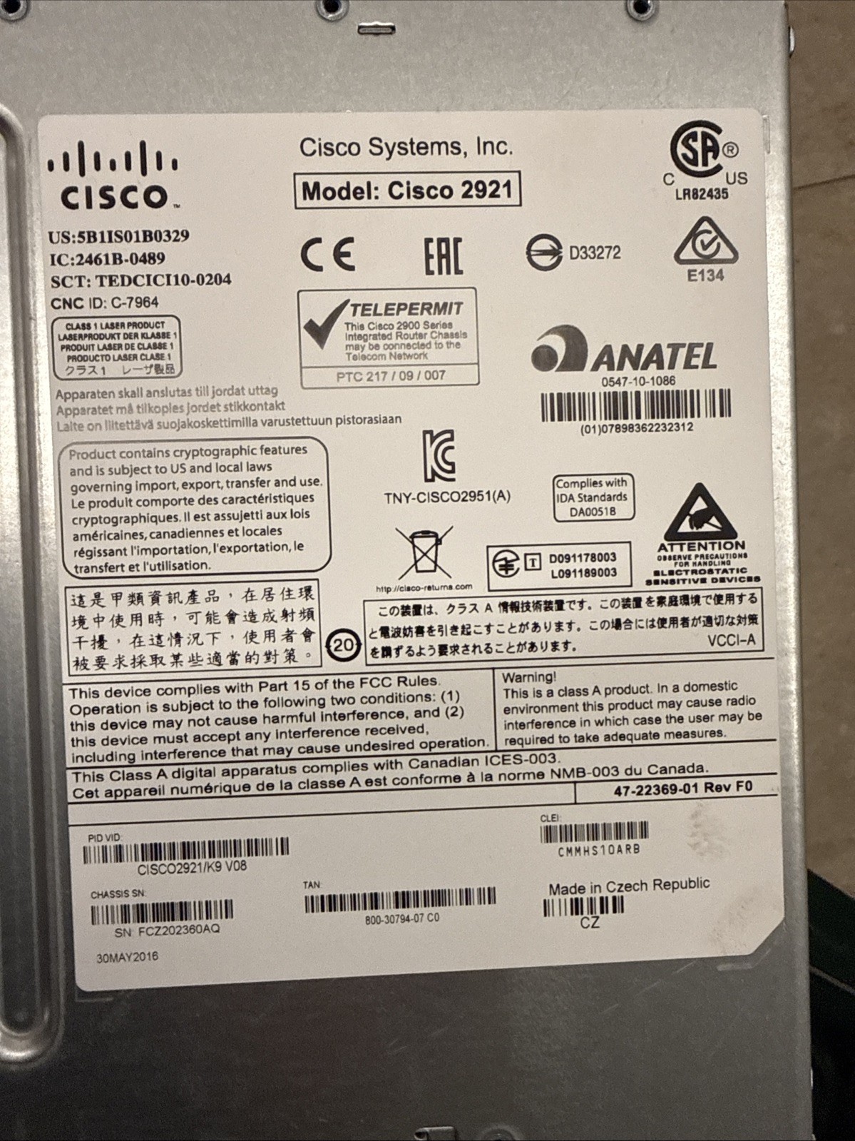 Cisco 2900 Series 2921 / K9 V08 Enterprise