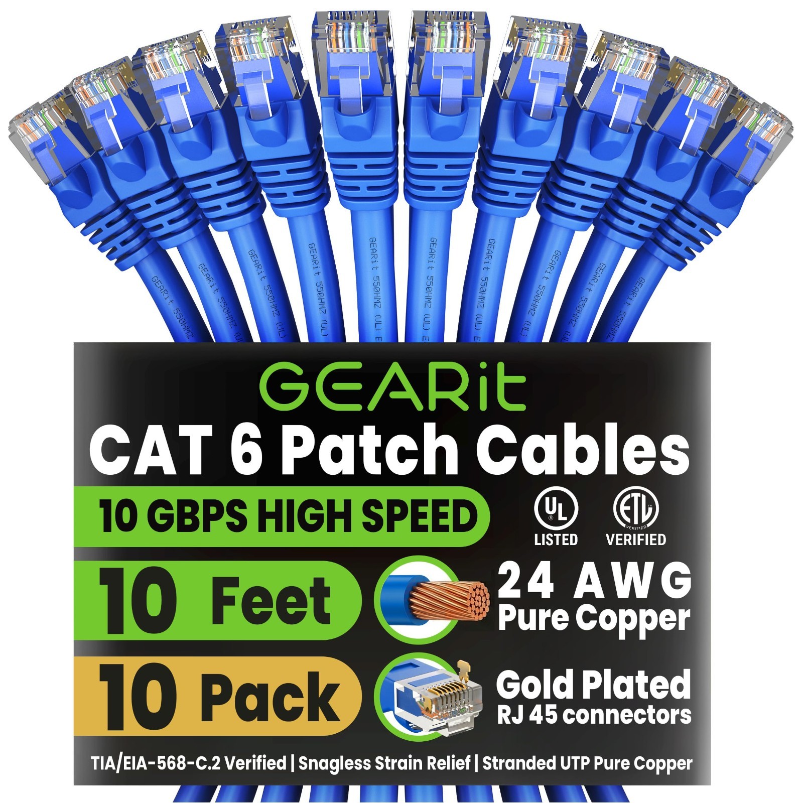 10-Pack 10ft Cat6 Ethernet Patch Cables - High-Speed Network Cable, Blue