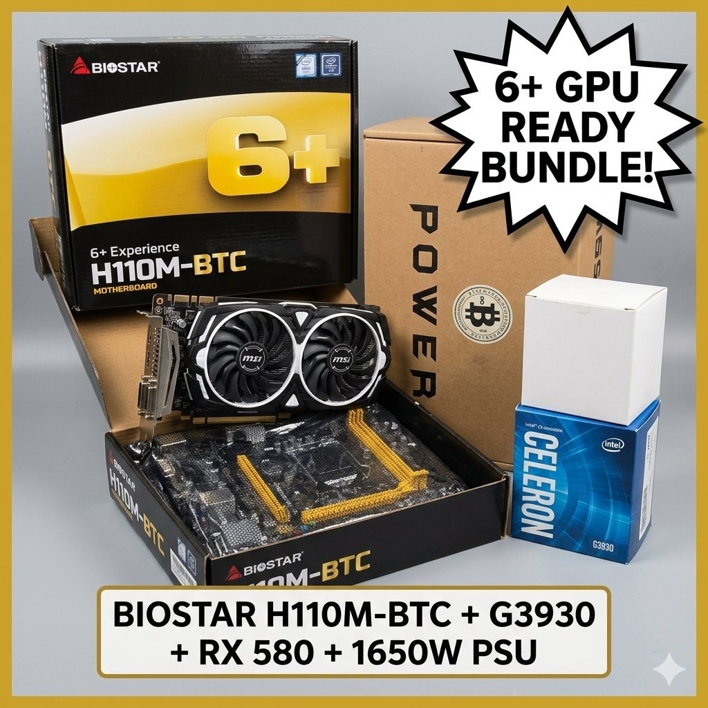 6-GPU Mining Bundle Biostar H110M-BTC Motherboard Celeron G3930 RX 580 1650W PSU