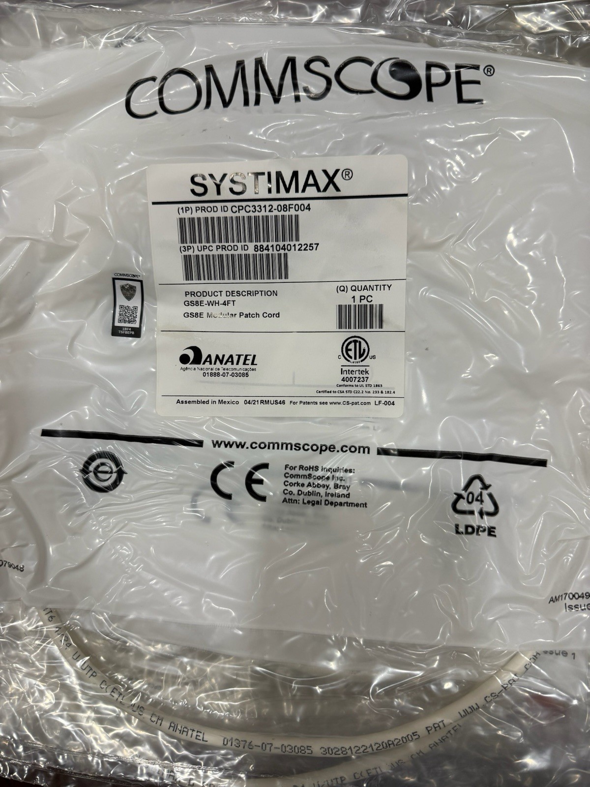 CommScope SYSTIMAX GS8E-WH-4FT 4ft White Patch Cable LOT OF 10 New
