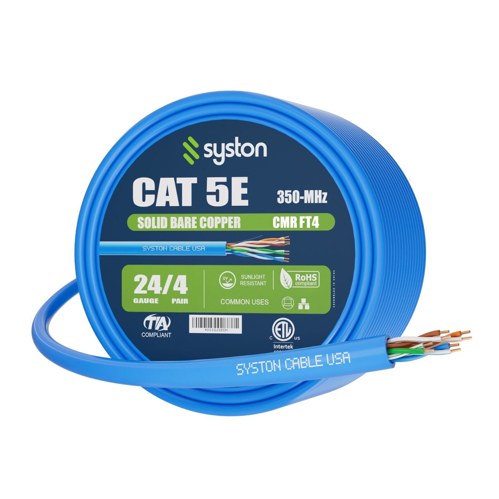 Syston Cat 5e Ethernet Network Cable 350MHz 24AWG UTP Solid Copper Wire-CMR Bulk