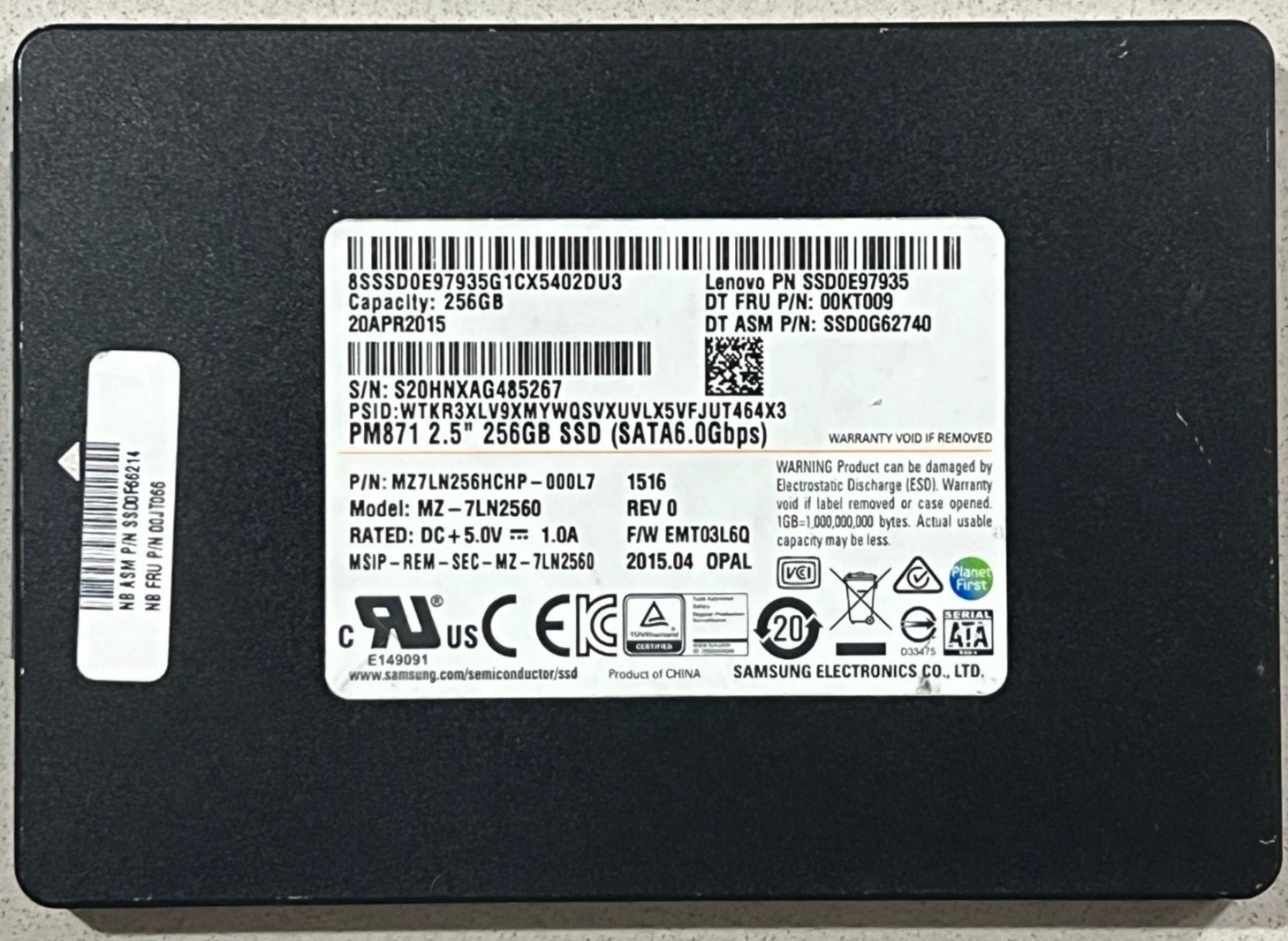 Samsung PM871 256GB SSD 2.5" SATA MZ-7LN2560 - Health Status Good