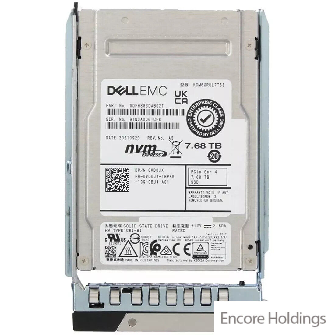 Dell Solid State Drive with Tray - 7.68 TB - Pcie 4.0 - Nvme 1.4 - Tlc - VD0JX
