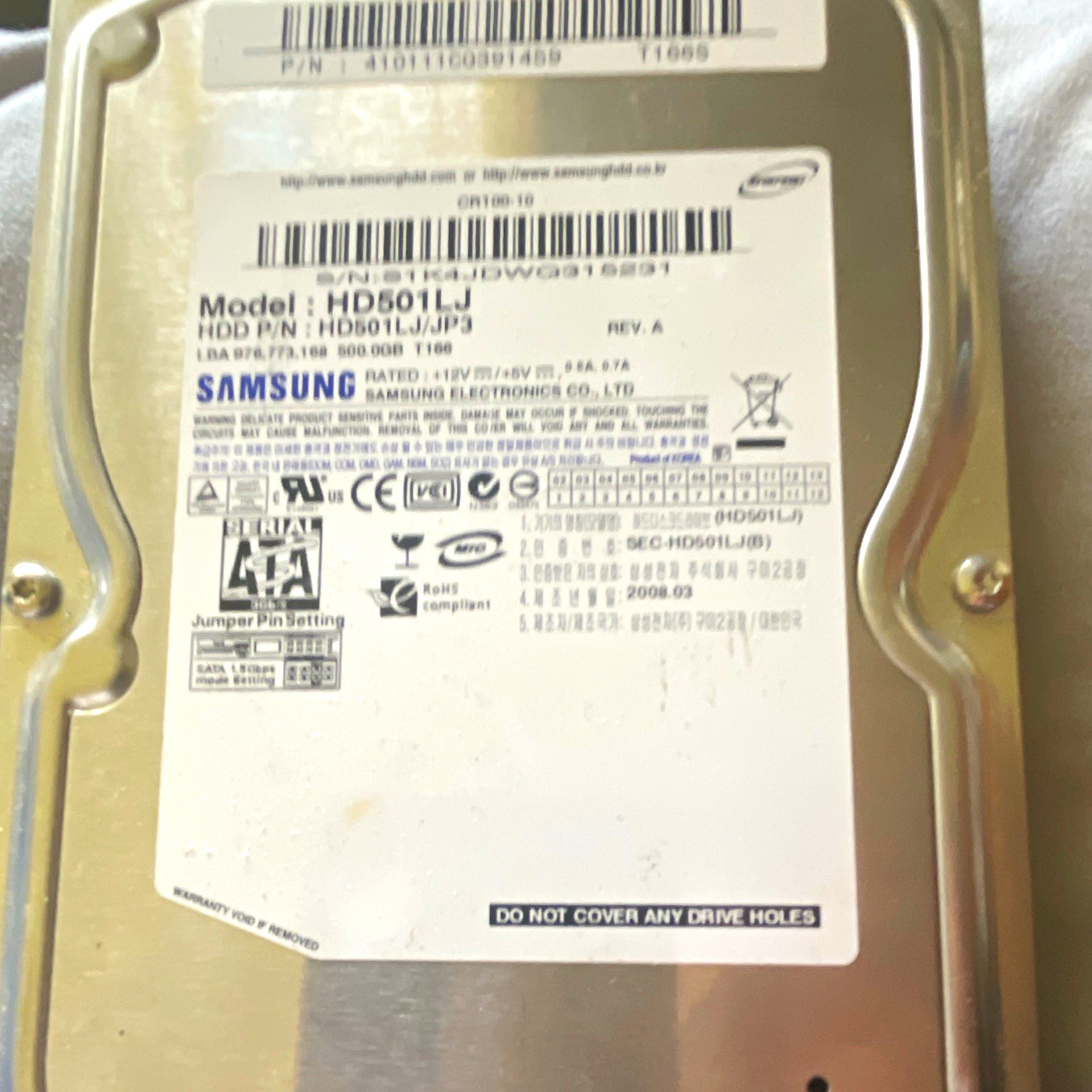Samsung SpinPointT166 HD501LJ 500GB3.5" SATA 7200RPM16MB HDD WIPED