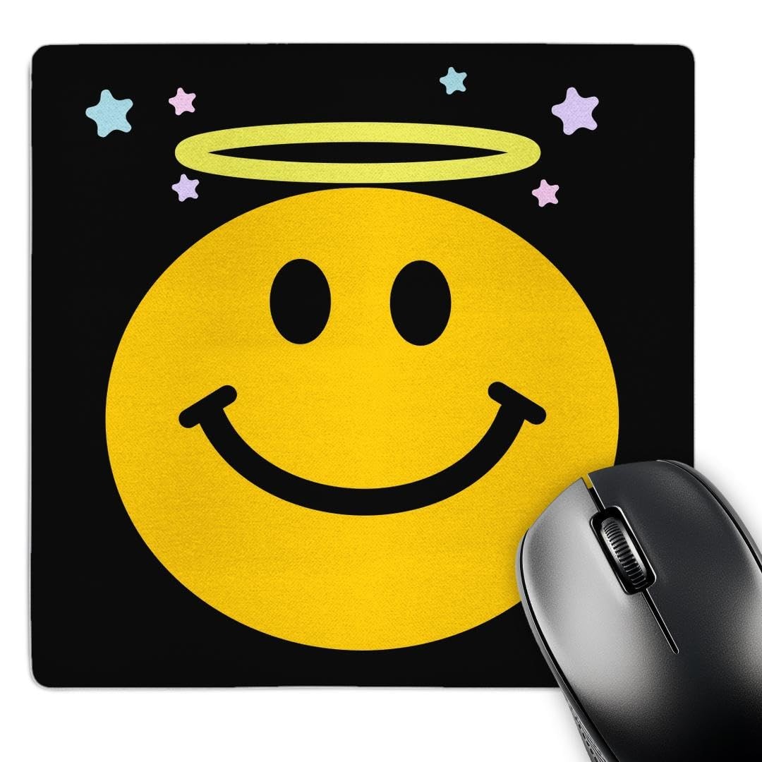 3dRose Angel Smiley Face Black Yellow Halo Happy Smilie 8x8-Inch Mouse Pad