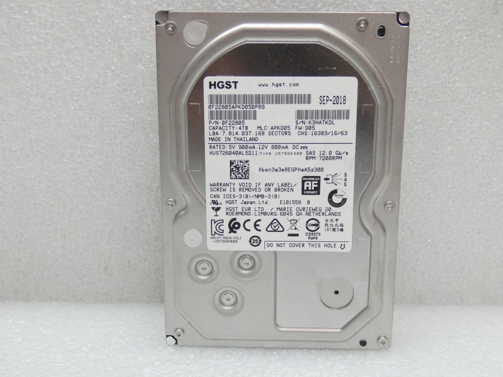 HGST HUS726040AL5211 4TB 3.5” SAS 7200RPM 0F22805 Hard Drive