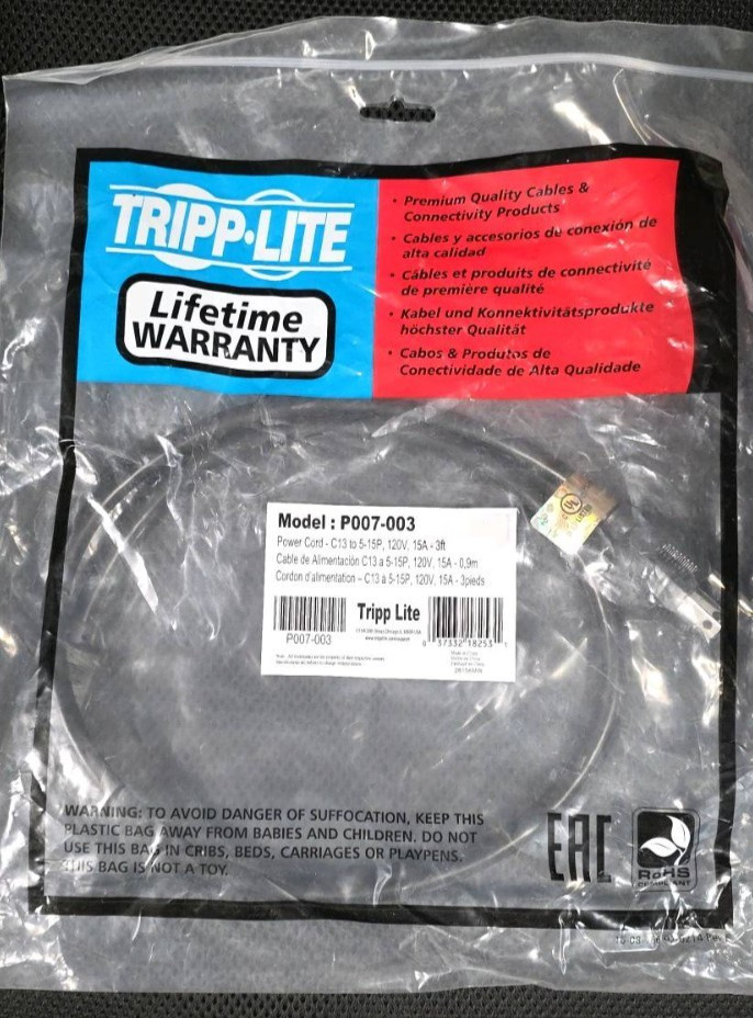 Tripp Lite P007-003 3ft Computer Power Cord Cable 5-15P to C13 Heavy Duty 15A
