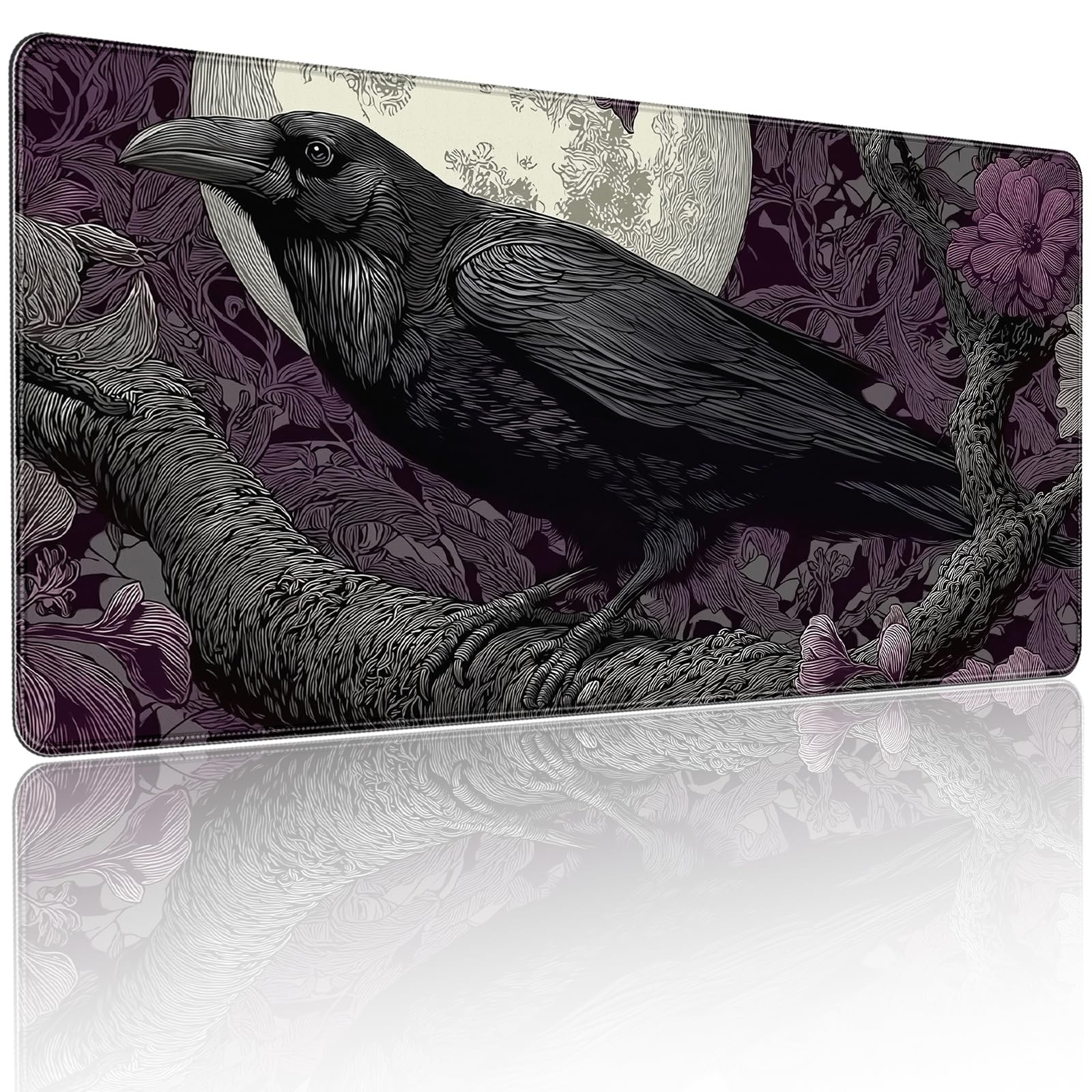 XXL Gaming Mouse Pad, Gothic Raven Moon Design with Purple Floral, 35.4 x 15....