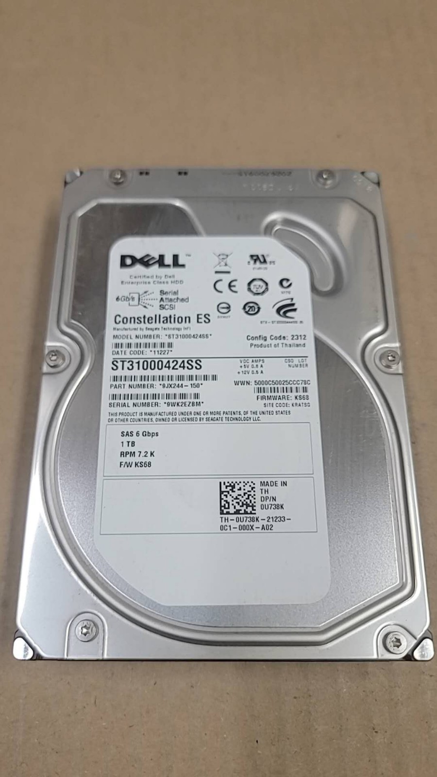 DELL ST31000424SS U738K 0U738K 1TB 7200RPM 6Gbps 3.5" SAS HDD -Not SATA