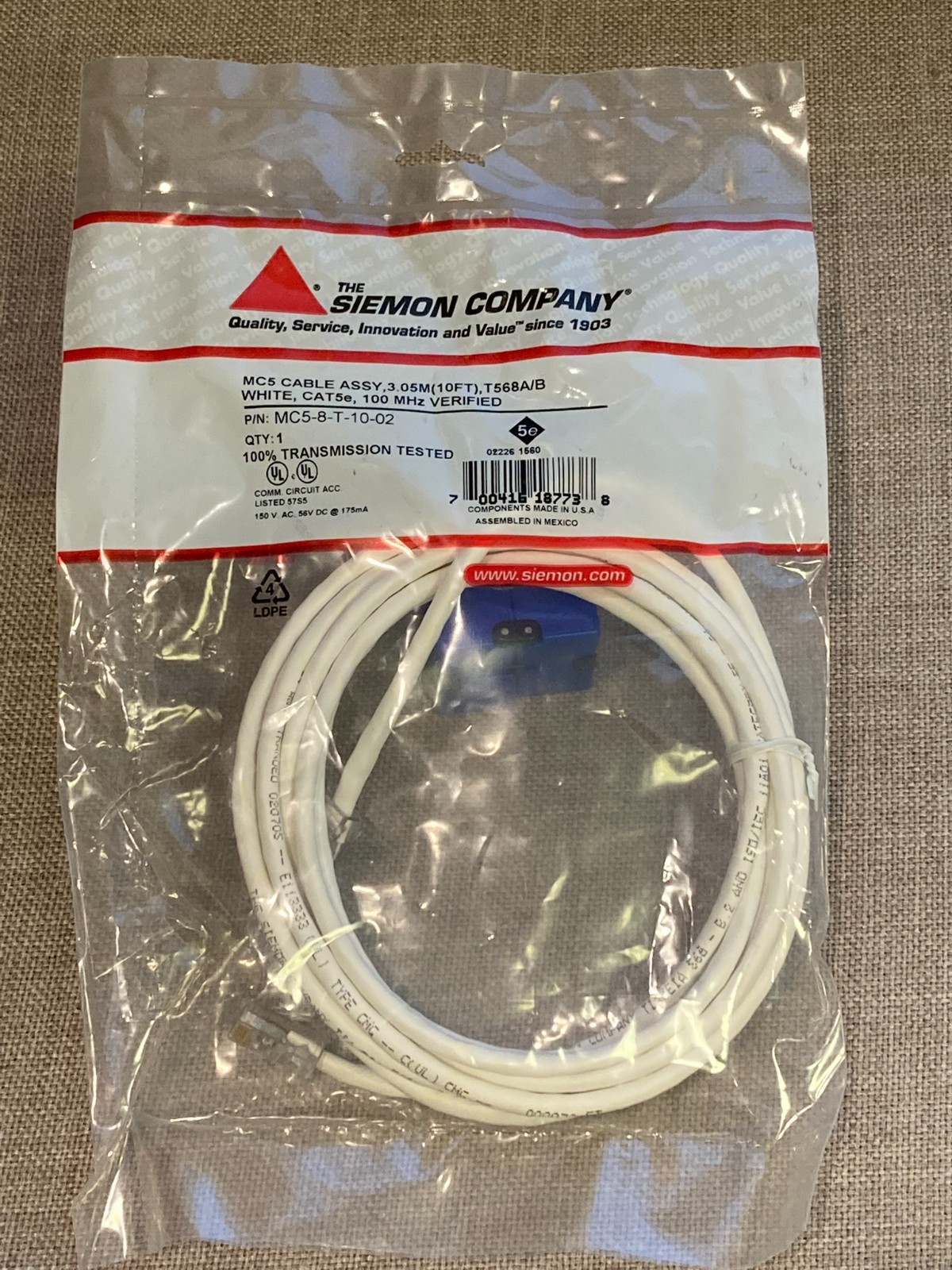 Lot of 10 Siemon Company MC5 Cable 10 Ft Verified, T568A/B White CAT5e