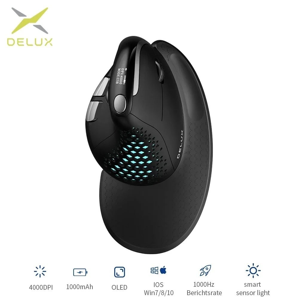 Delux M618XSD Ergonomic Vertical Wireless Mouse OLED 4000DPI Bluetooth