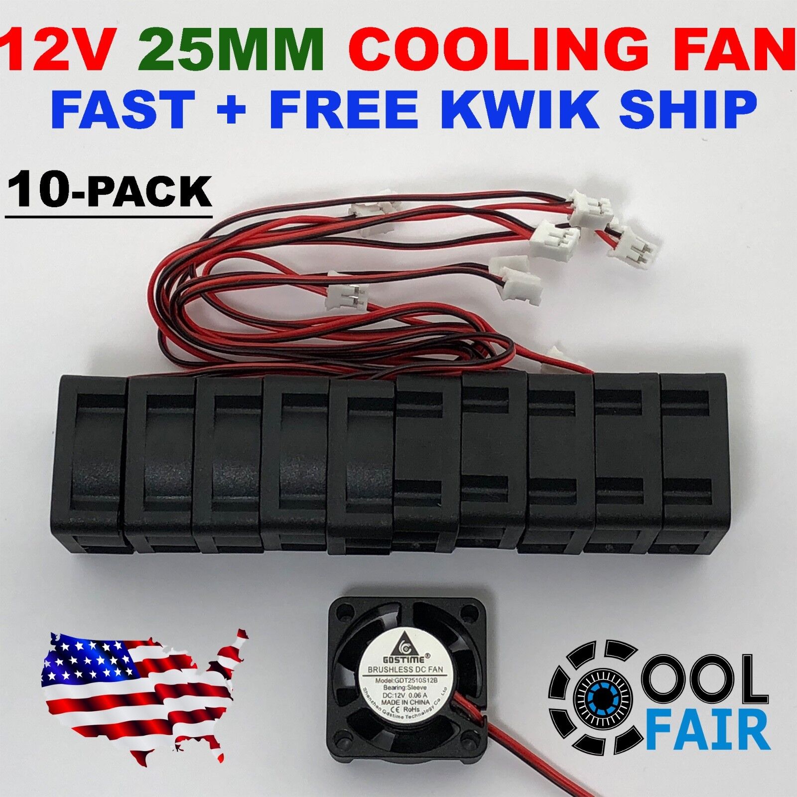 12V 25mm Cooling Fan 2510 25x25x10mm 2-pin DC Computer Micro Mini Cooler 10-Pack