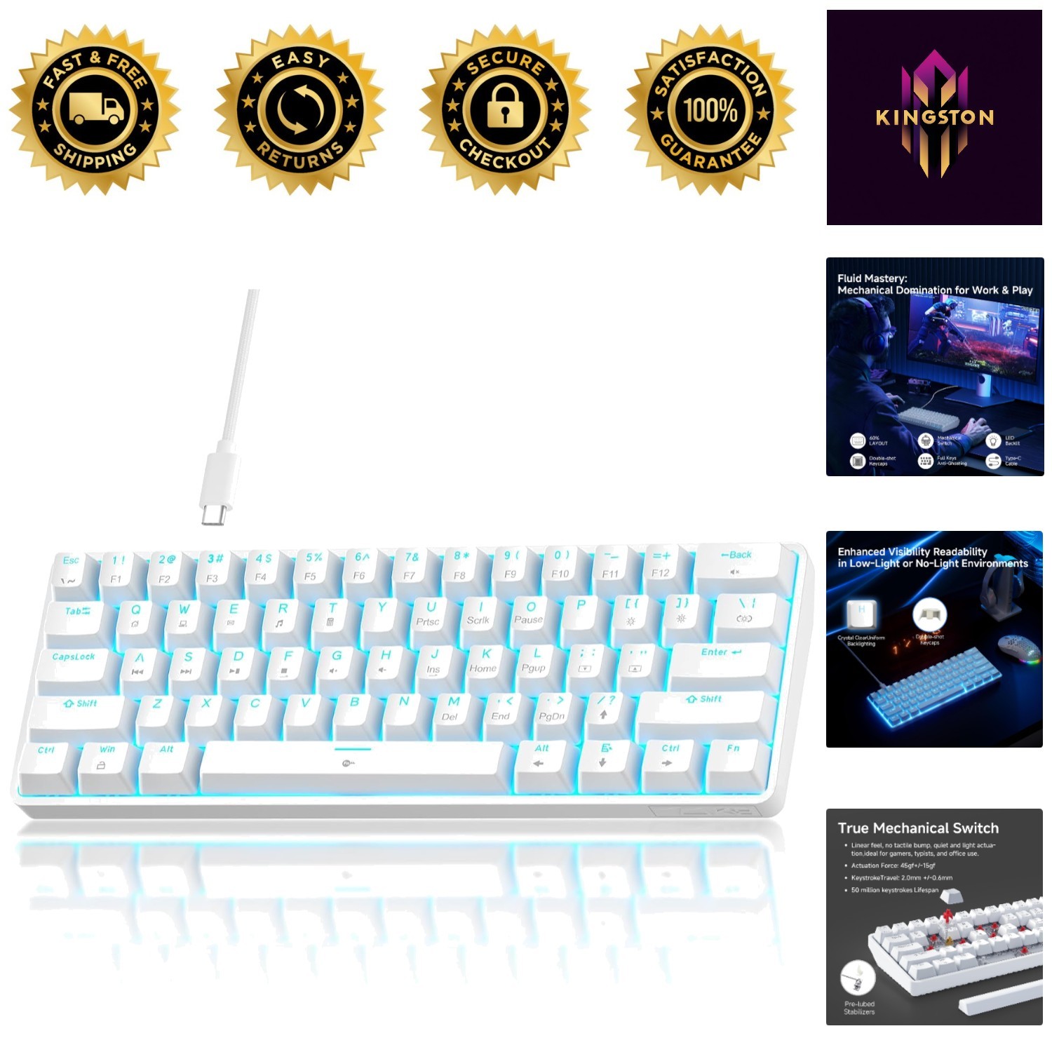 TMKB 60% Mechanical Gaming Keyboard with Red Switches & Custom LED Backlighting