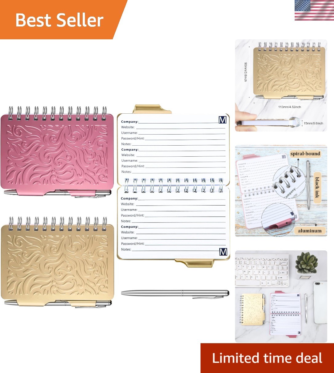 2 Pcs Mini Password Book Keeper with Pen,Beige, Pink | Small Metal Keeper wit...