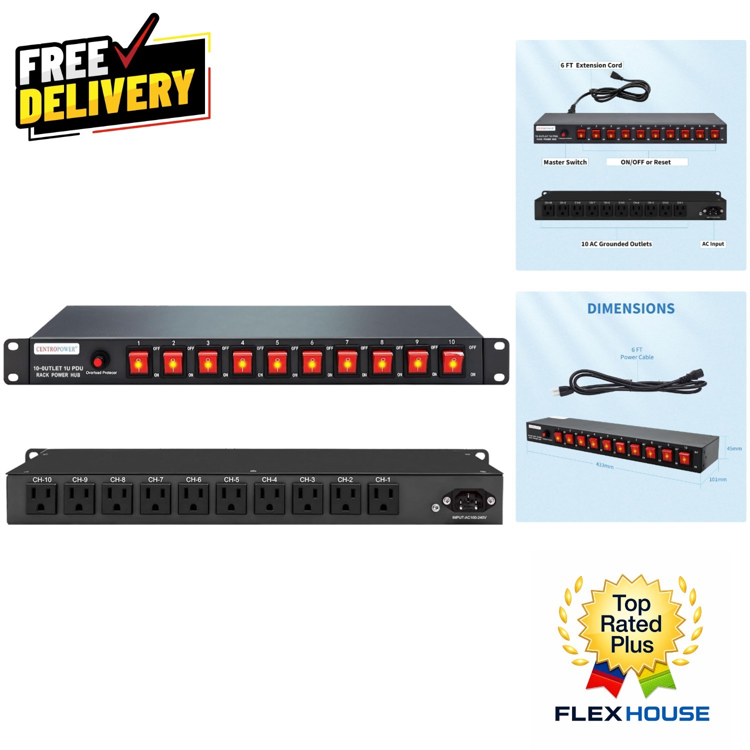 Heavy-Duty 1U PDU with 10 NEMA Outlets - Built-in Circuit Breaker Included