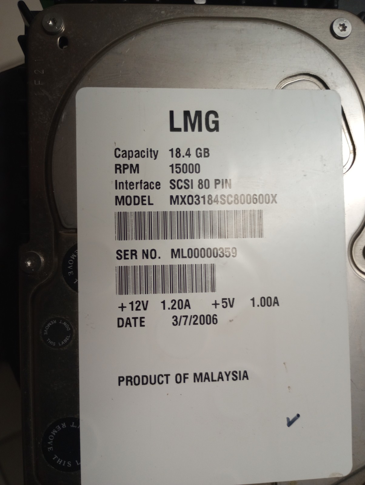 Fujitsu White Label LMG SCSI ULTRA160 18.4Gb SCA 15K RPM Model :MX03184SC800600X