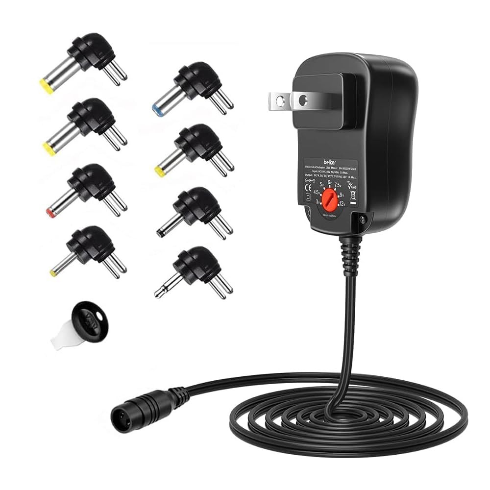 Belker 12W Universal 3V 4.5V 5V 6V 7.5V 9V 12V AC DC Adapter 150 cm, Black