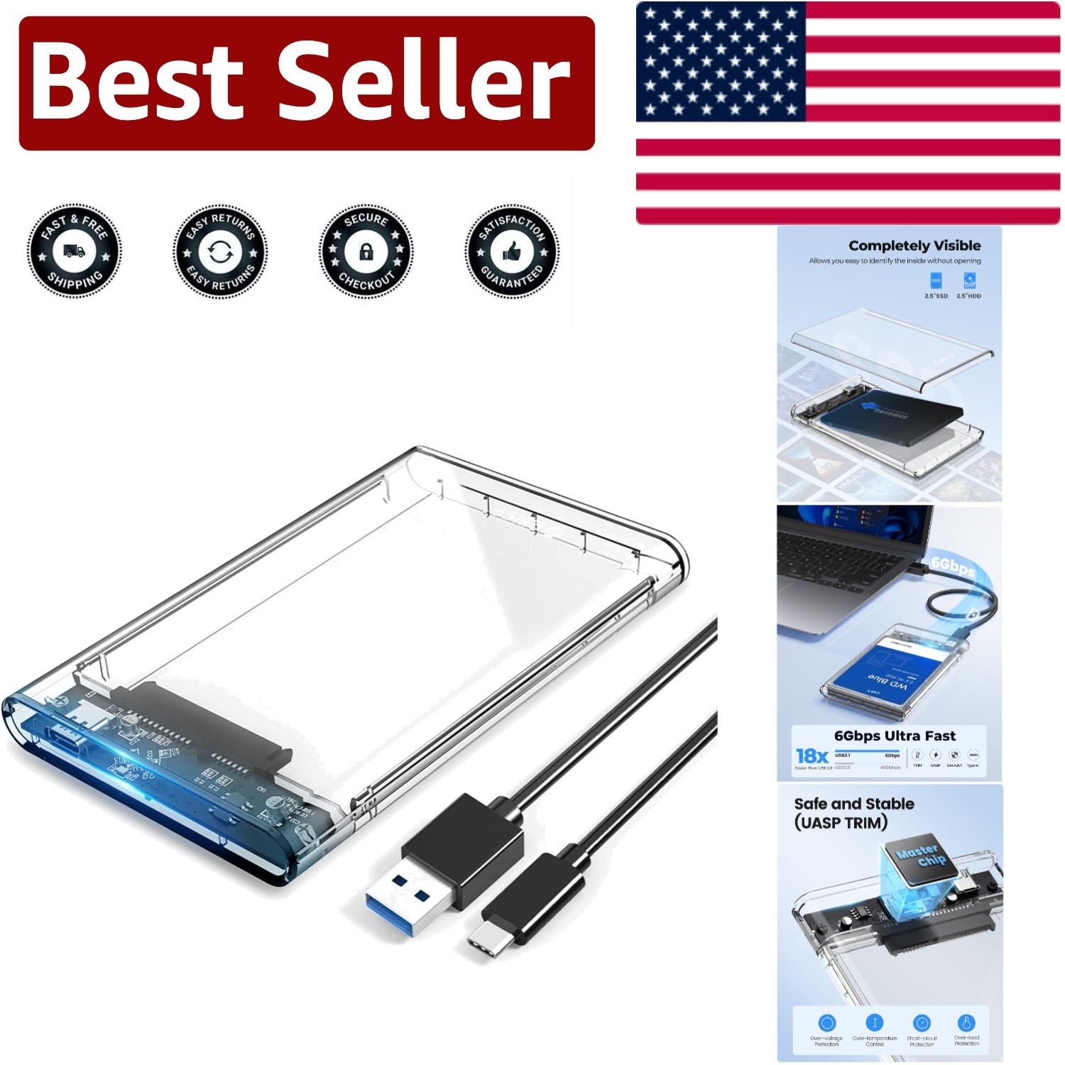 Sleek USB-C 3.1 External Hard Drive Enclosure - Supports Up to 6TB, Auto-Sleep