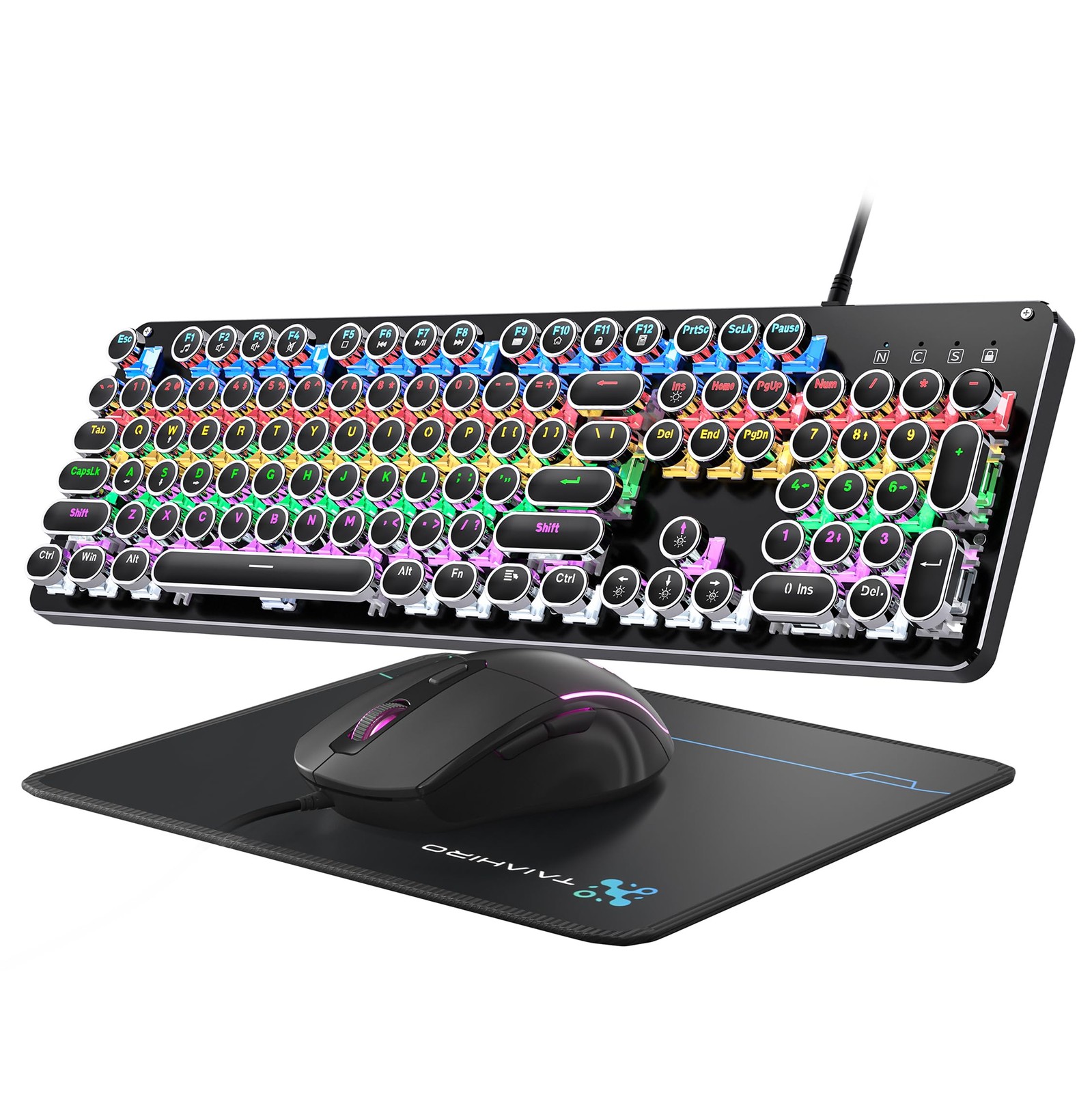 Typewriter Mechanical Gaming Keyboard and Mouse, 104-Key Full Size Retro