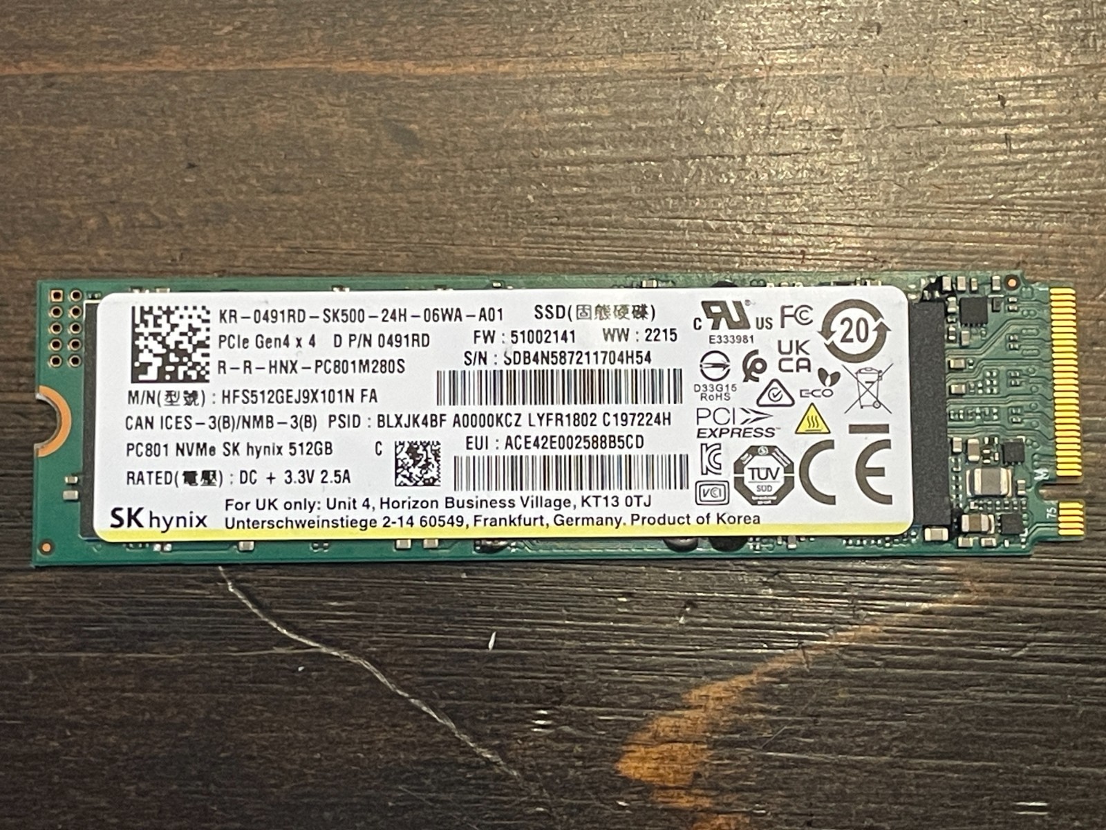 Dell 512GB NVMe 2280 M.2 PCIe G4 x4 SSD SK Hynix PC801 SDB4N587211704H5 0491RD