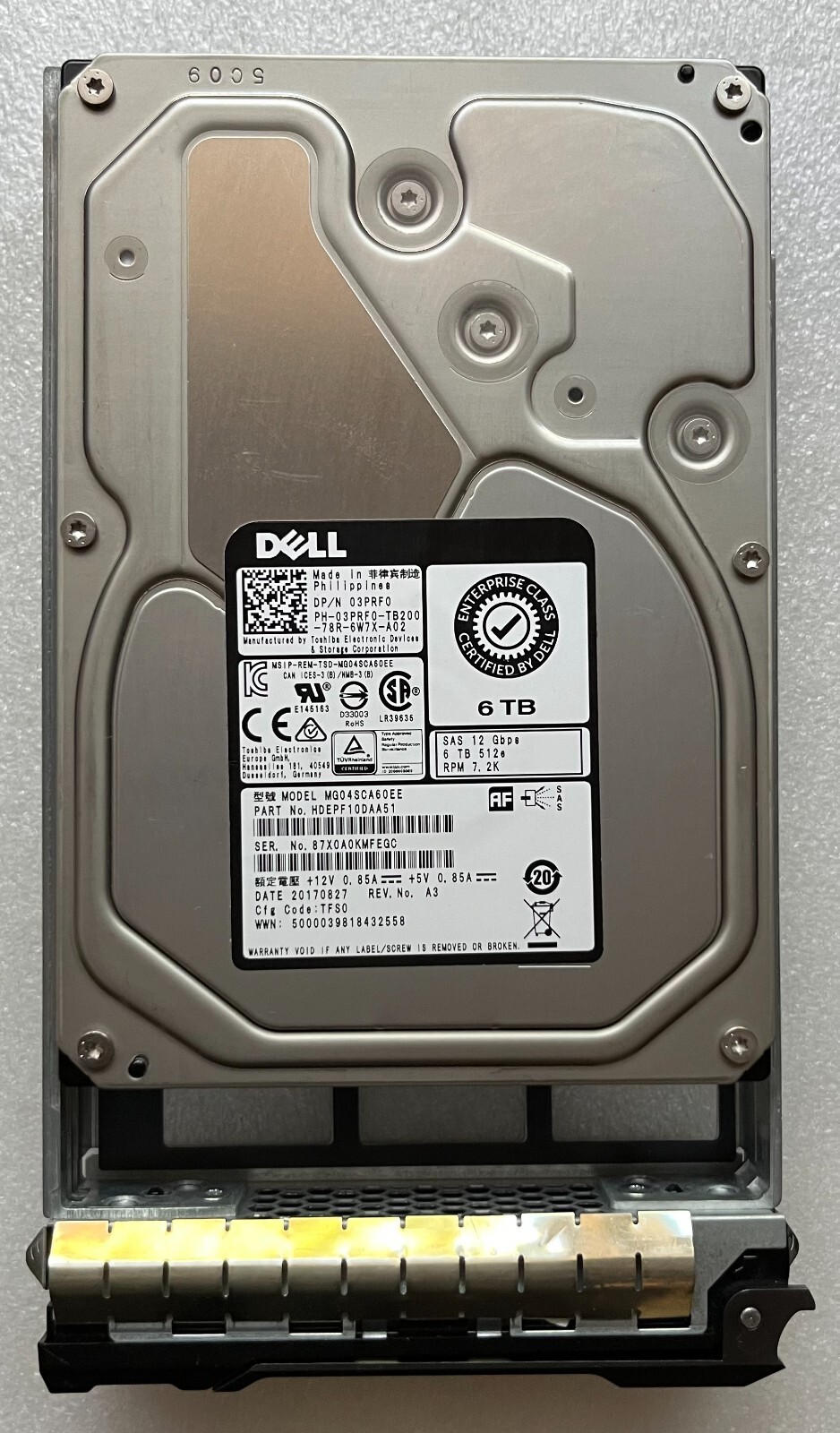 03PRF0 DELL TOSHIBA 6TB 7.2K SAS 12Gb/s 3.5'' 512e HDD 3PRF0 MG04SCA60EE T440