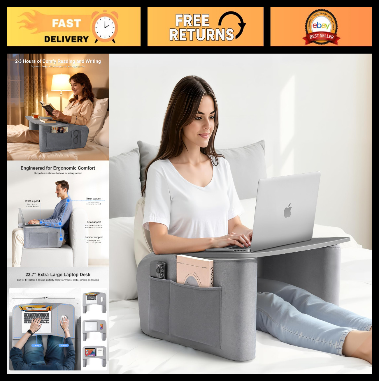 Wooden Lap Desk with Pillow & Arm Rests for Laptop Use on Bed & Couch