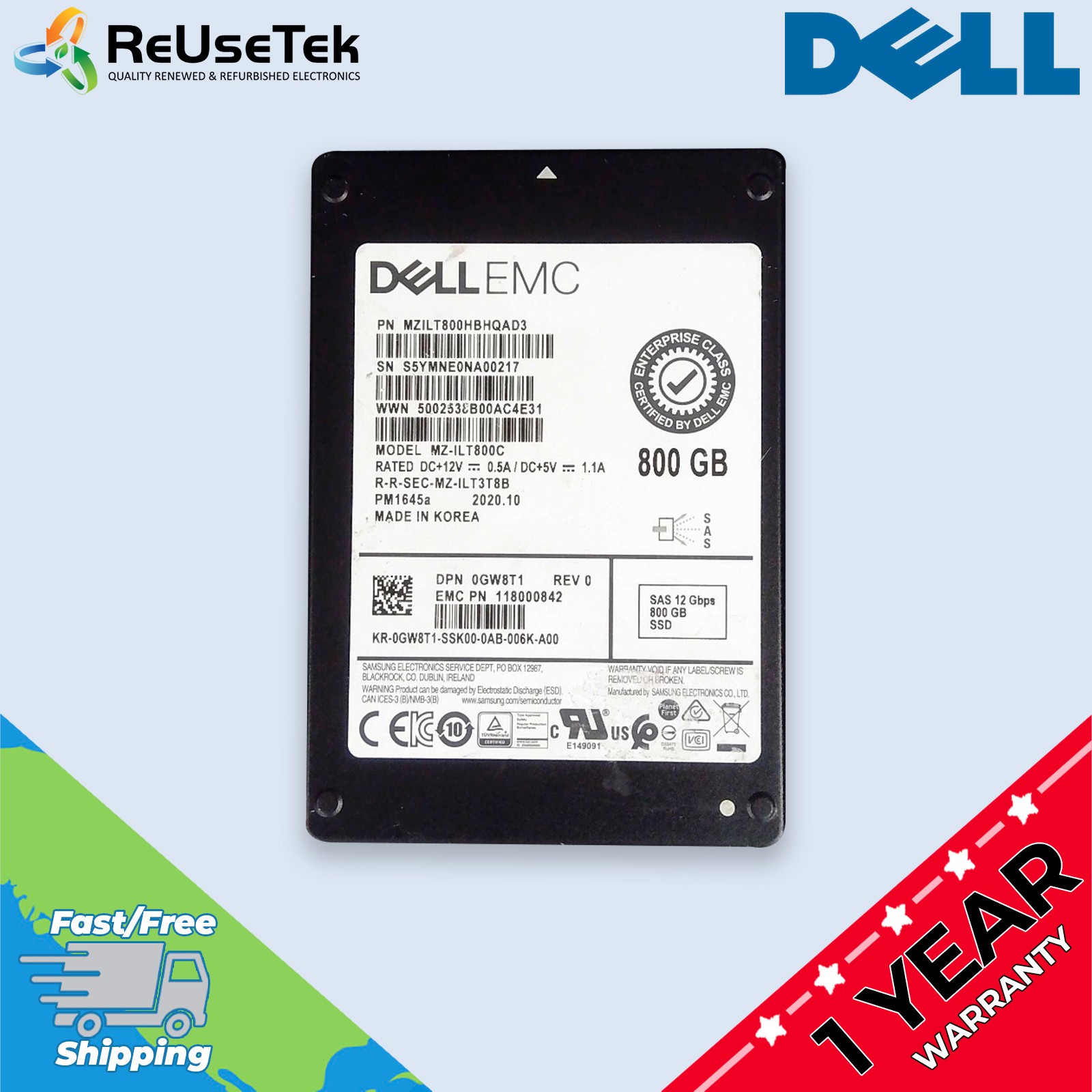 Dell EMC Samsung PM1645a 800GB SAS 12Gb/s 2.5" Enterprise SSD MZILT800HBHQAD3