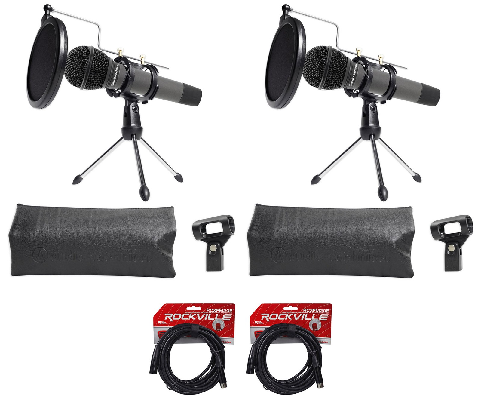 2 Audio Technica Dynamic Podcasting Podcast Microphones+Stands+Pop Filter+Cables