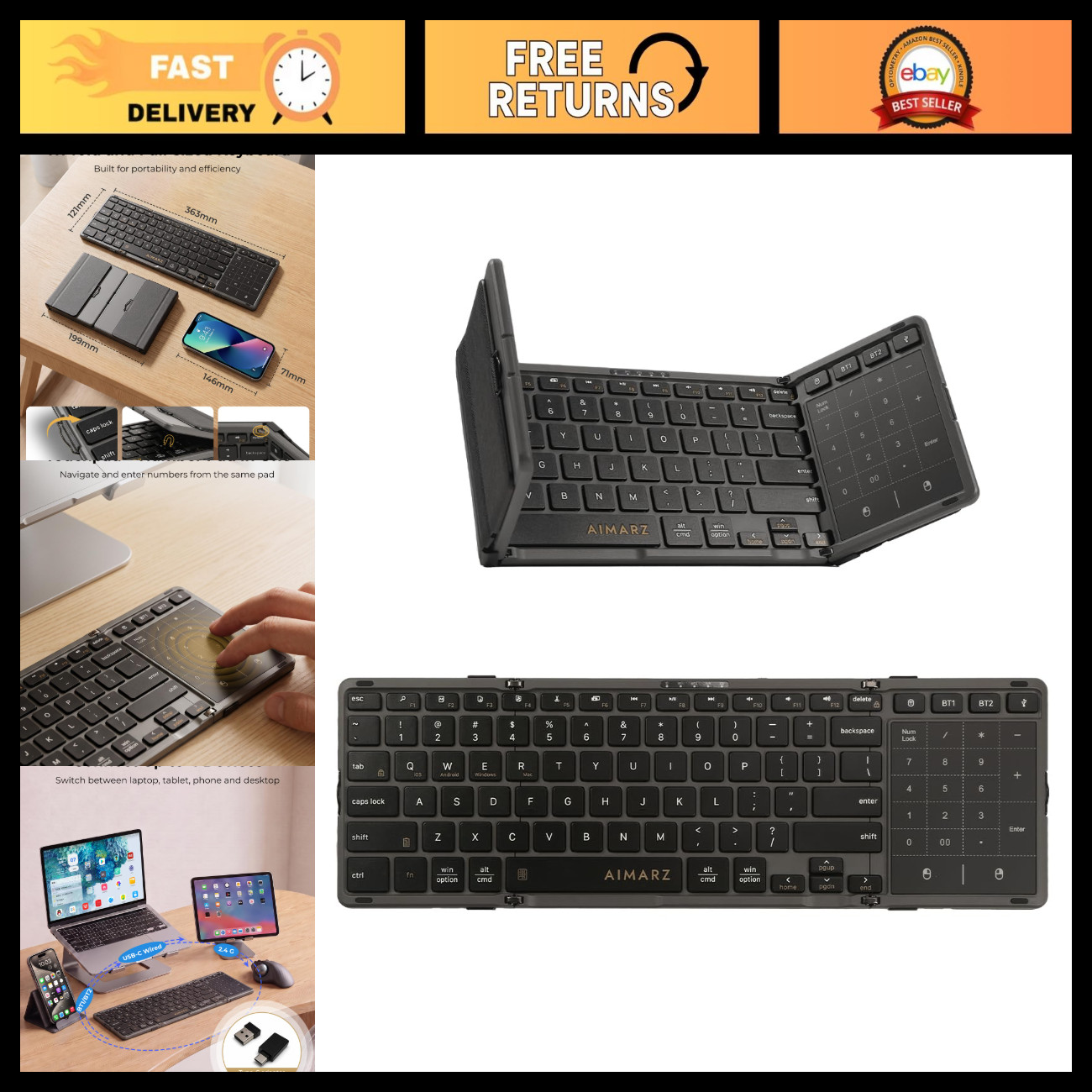 Foldable Full-Size Keyboard with Touchpad & Number Pad - Portable Black Design