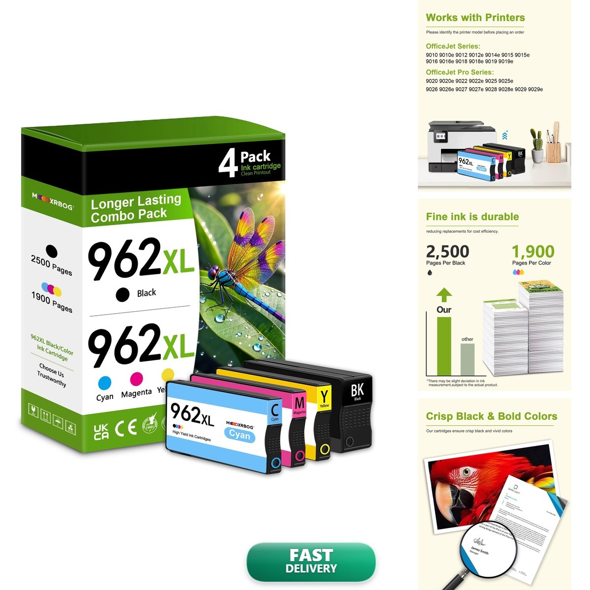 Mooxrbog 962XL Ink Cartridge (4-Pack,Black/Cyan/Yellow/Magenta) Compatible 962