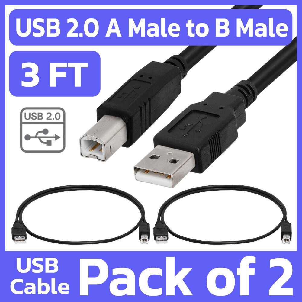 2 Pack Printer Cable 3ft USB 2.0 A Male to B Male Cord for HP Epson Canon Dell
