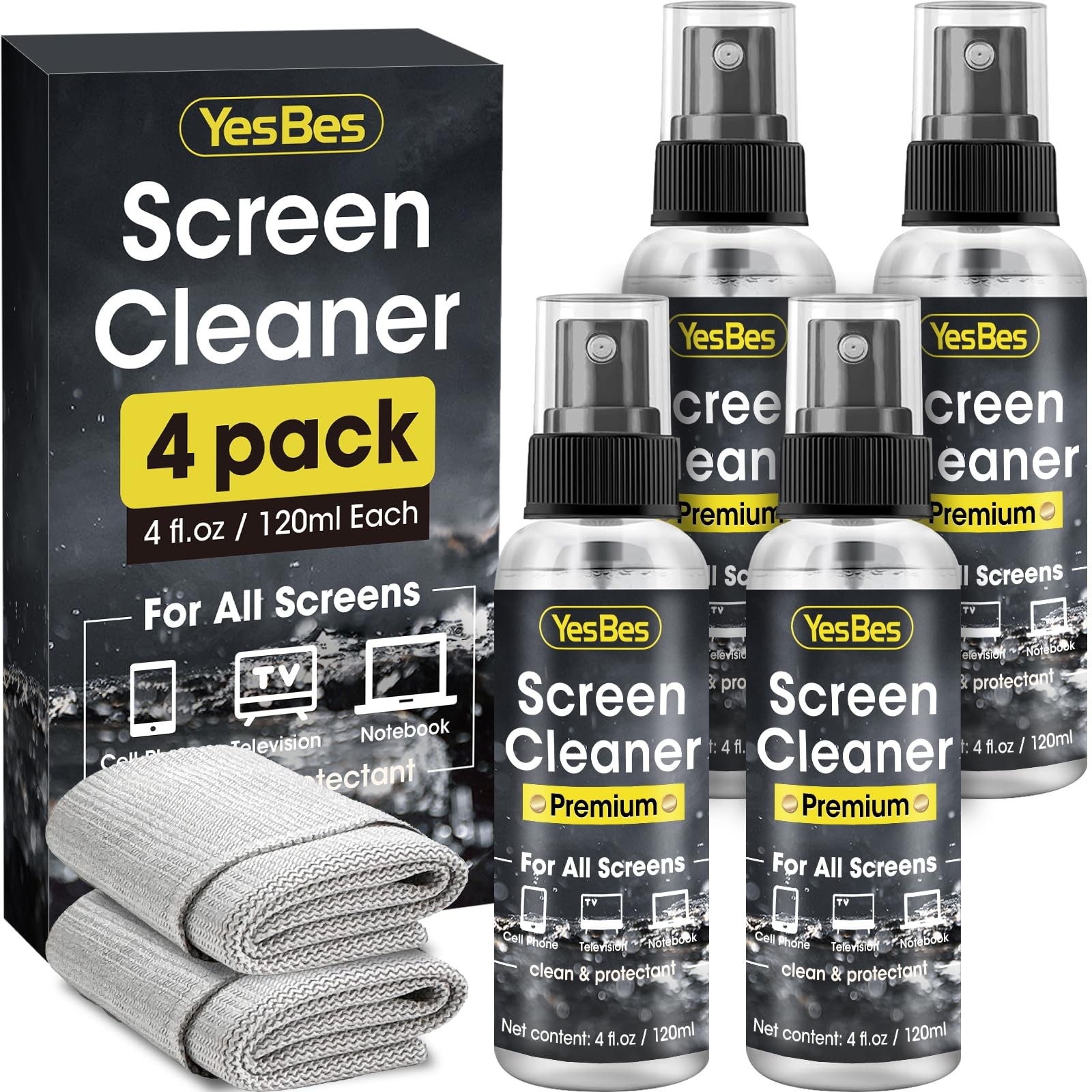 Screen Cleaner Spray 16oz 4oz x 4 Pack  TV & Computer Screen Cleaner with 2 M...