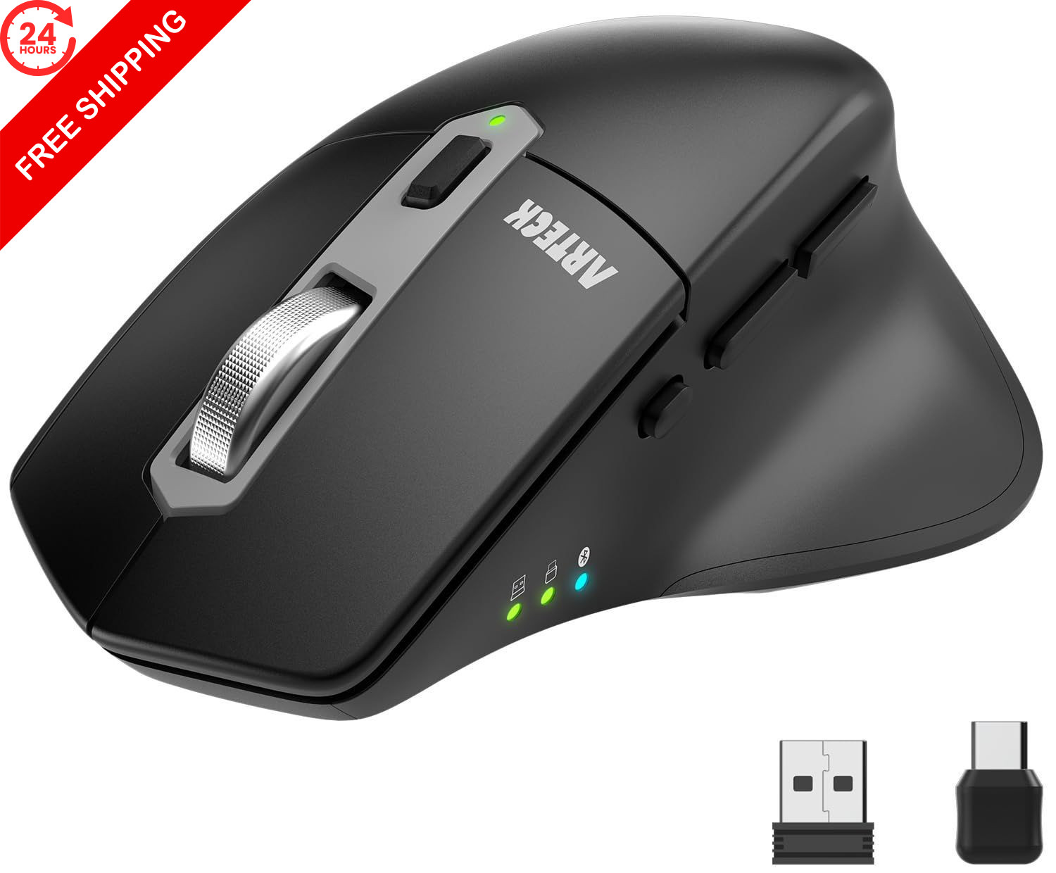 Arteck Multi-Device Wireless Bluetooth Mouse with Nano USB-A, USB-C Black