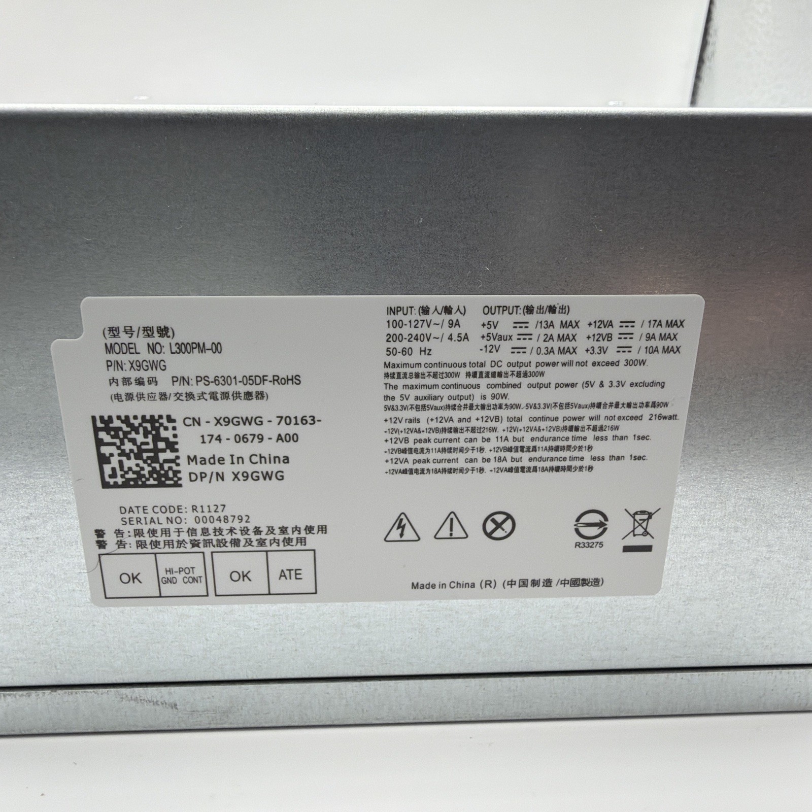 New L300PM-00 300W PS-6301-06D Power Supply Fits Dell 3847 HU300PM-00 L265EM-00