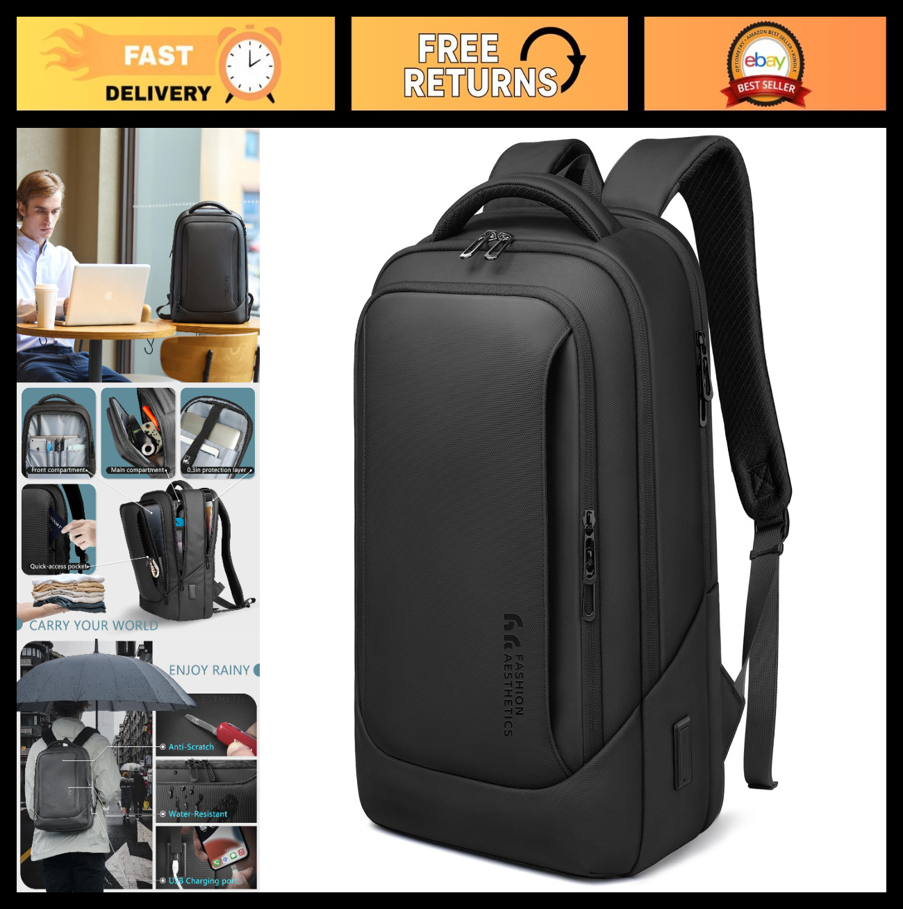 15.6" Laptop Backpack for Men, USB Charging, Water-Resistant Computer Bag