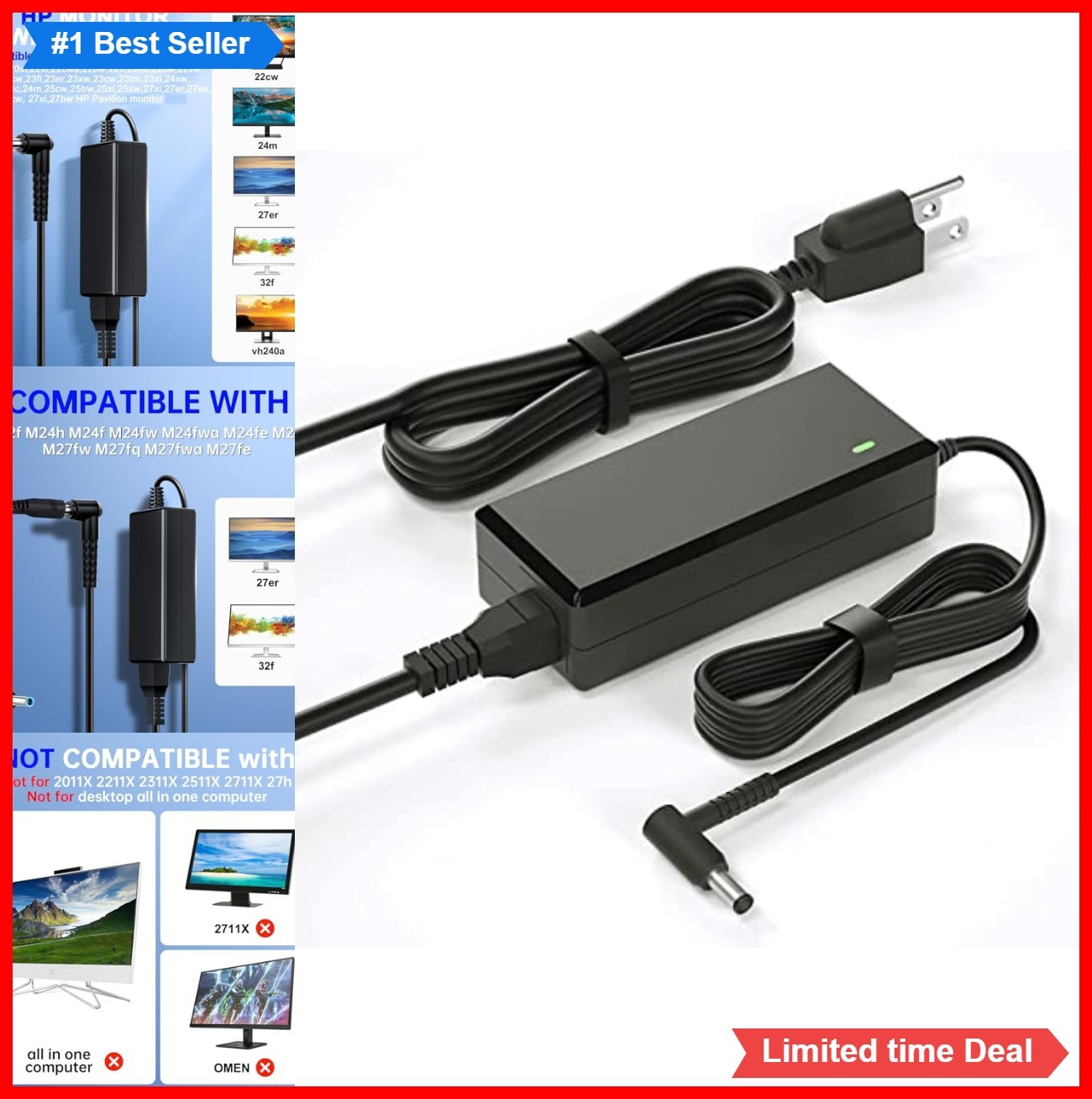 19V 3.42A 65W Power Cord for Monitor 8.2 FT 5.5x2.5mm 4.5x3.0mm Adapter IPS LED