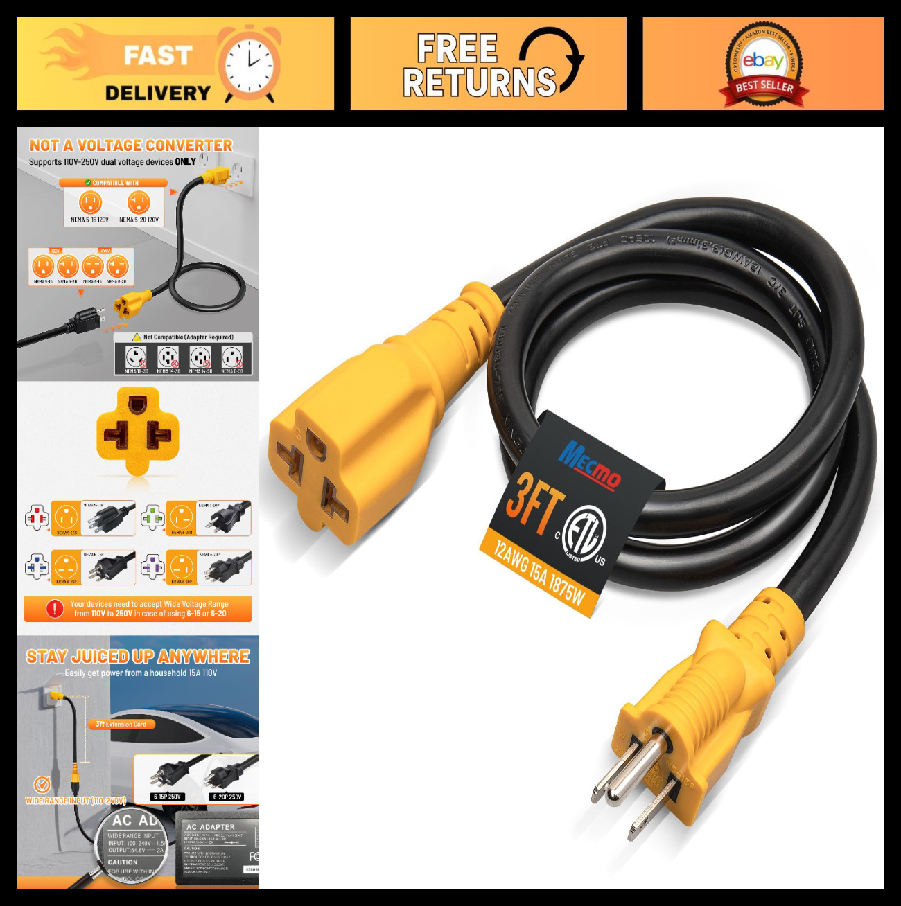 3ft 15A to 20A Power Adapter Cable, 12AWG Outdoor Extension Cord, NEMA 5-15P/R,