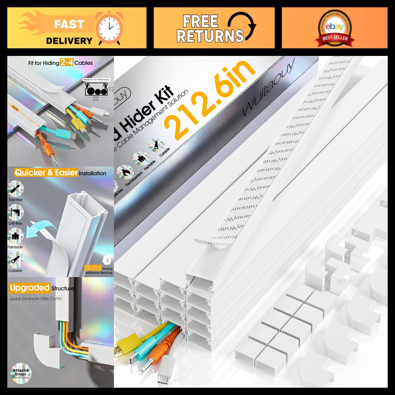 Cord Covers for Wall - 212.6in Paintable Cable Hider, Self-Adhesive Wire Raceway