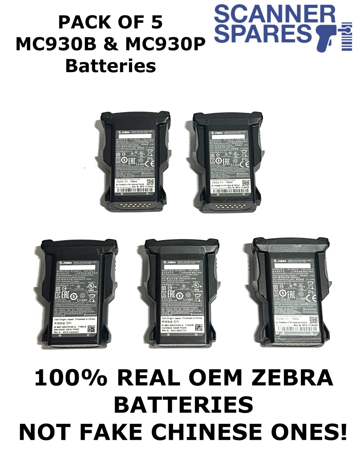 5 PACK - OEM Zebra MC93 Battery BTRY-MC93-STN-01 7000mAh MC930P MC930B BT-000370