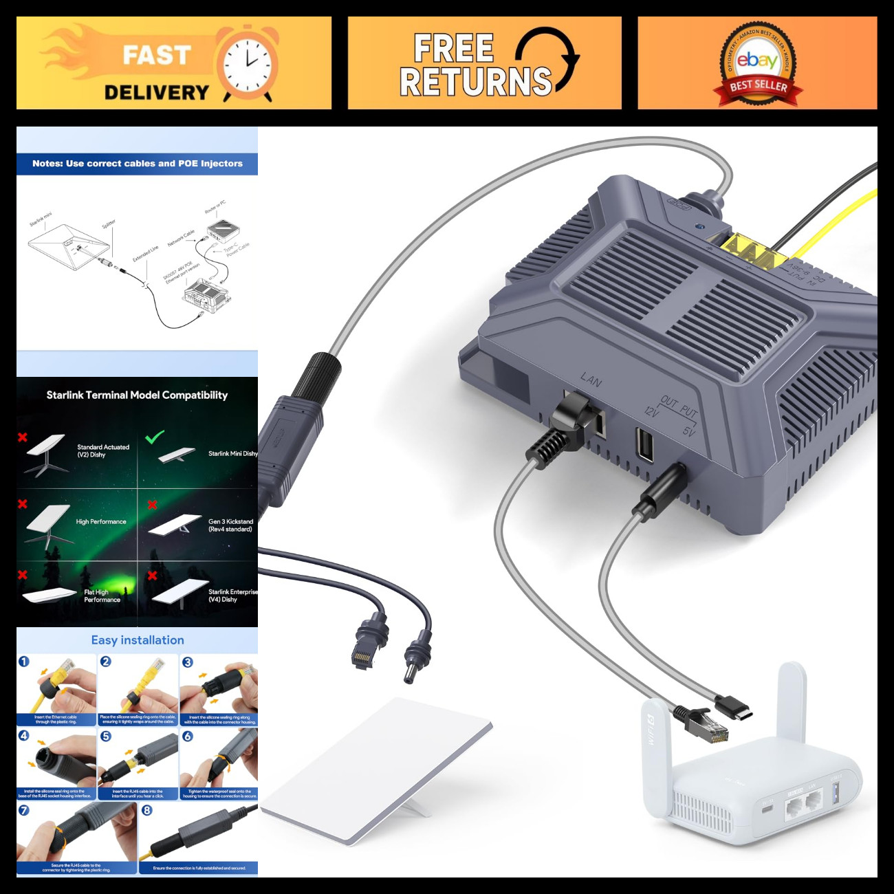 Starlink Mini PoE Injector & 12V Adapter Splitter for High-Speed Internet Access